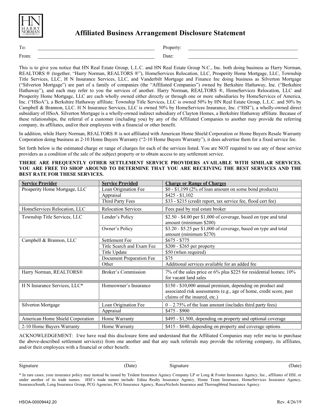 Affiliated Business Arrangement Disclosure Statement