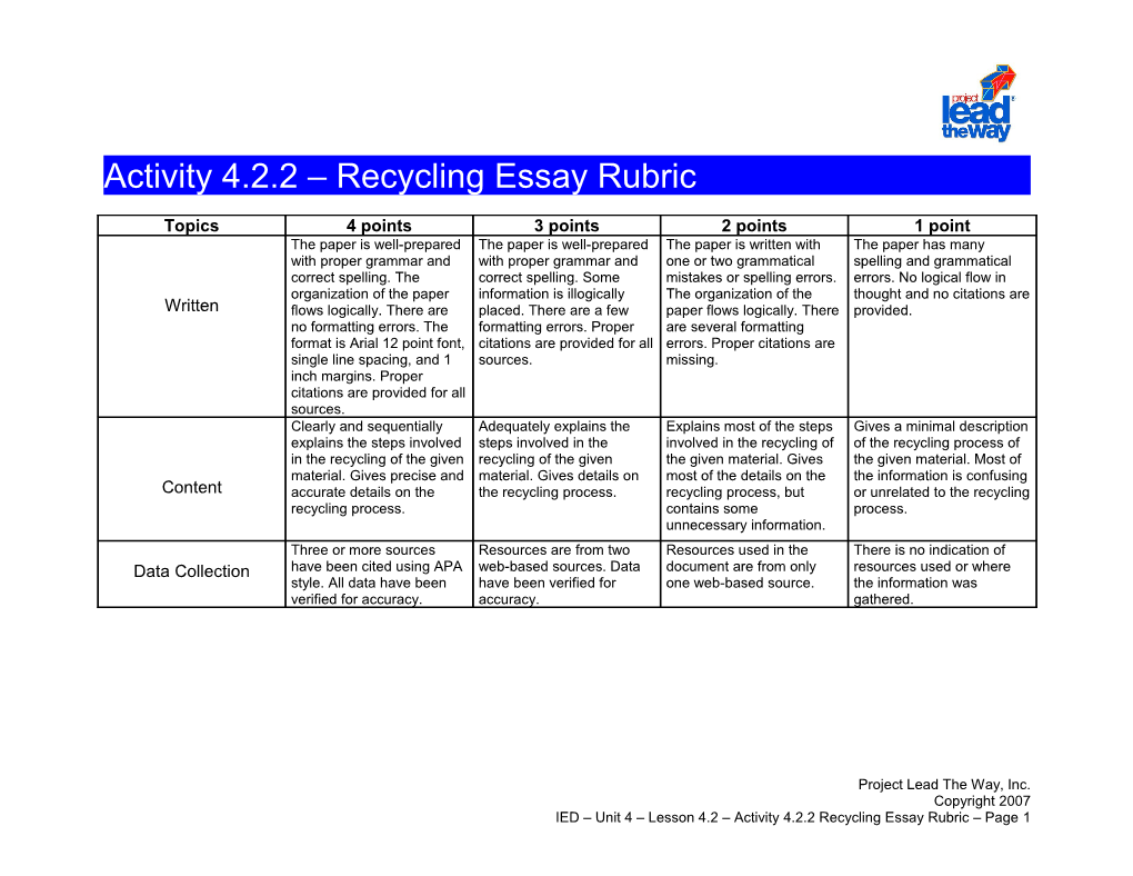 Activity 4.2.2: Recycling Essay Rubric