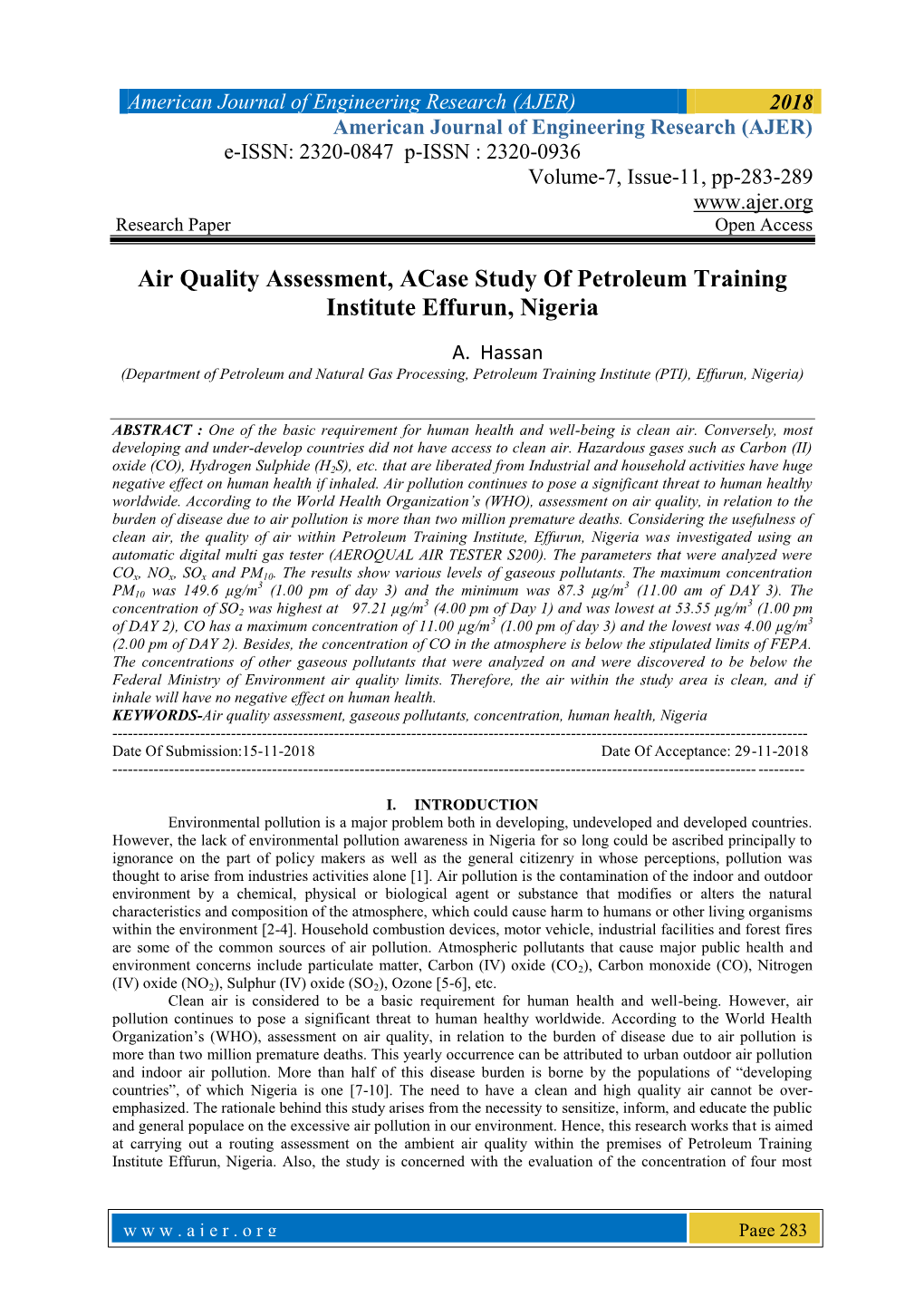 Air Quality Assessment, Acase Study of Petroleum Training Institute Effurun, Nigeria
