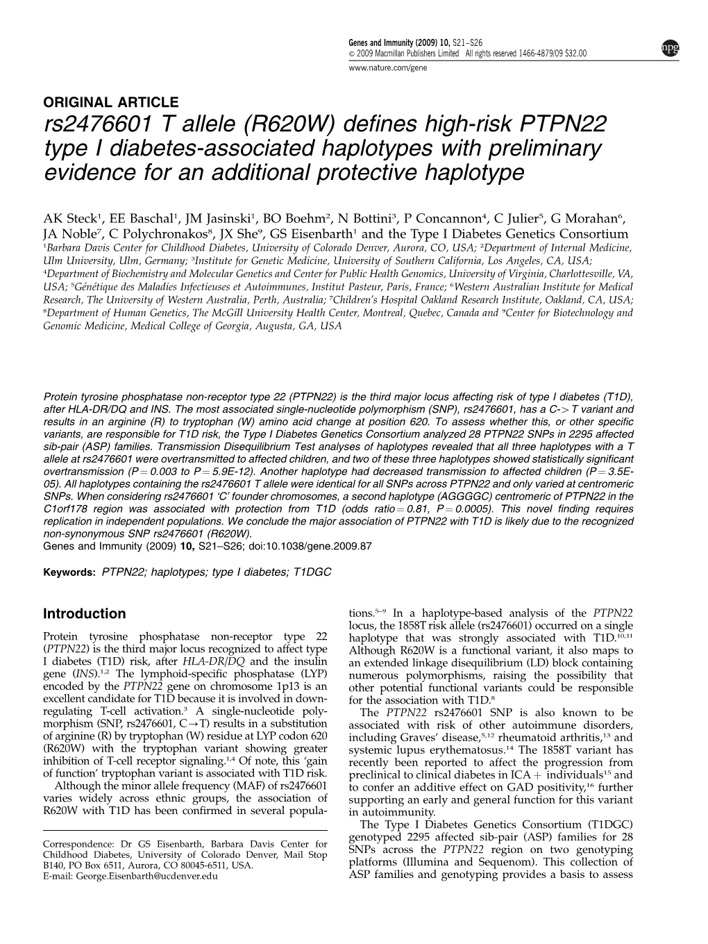 Rs2476601 T Allele (R620W) Defines High-Risk PTPN22 Type I Diabetes-Associated Haplotypes with Preliminary Evidence for an Additional Protective Haplotype