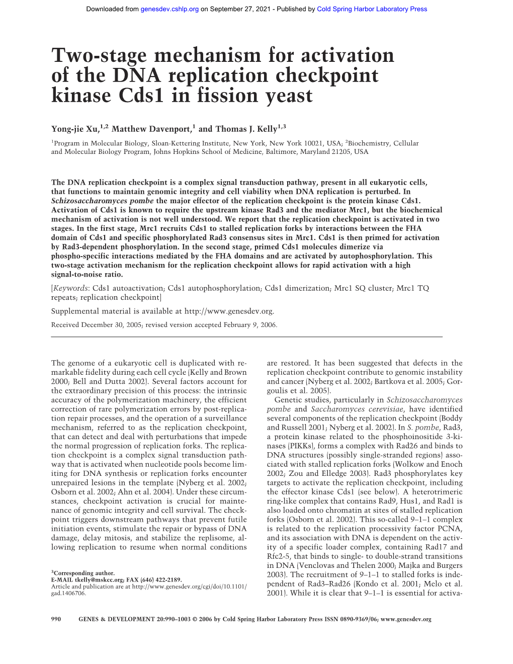 Two-Stage Mechanism for Activation of the DNA Replication Checkpoint Kinase Cds1 in Fission Yeast