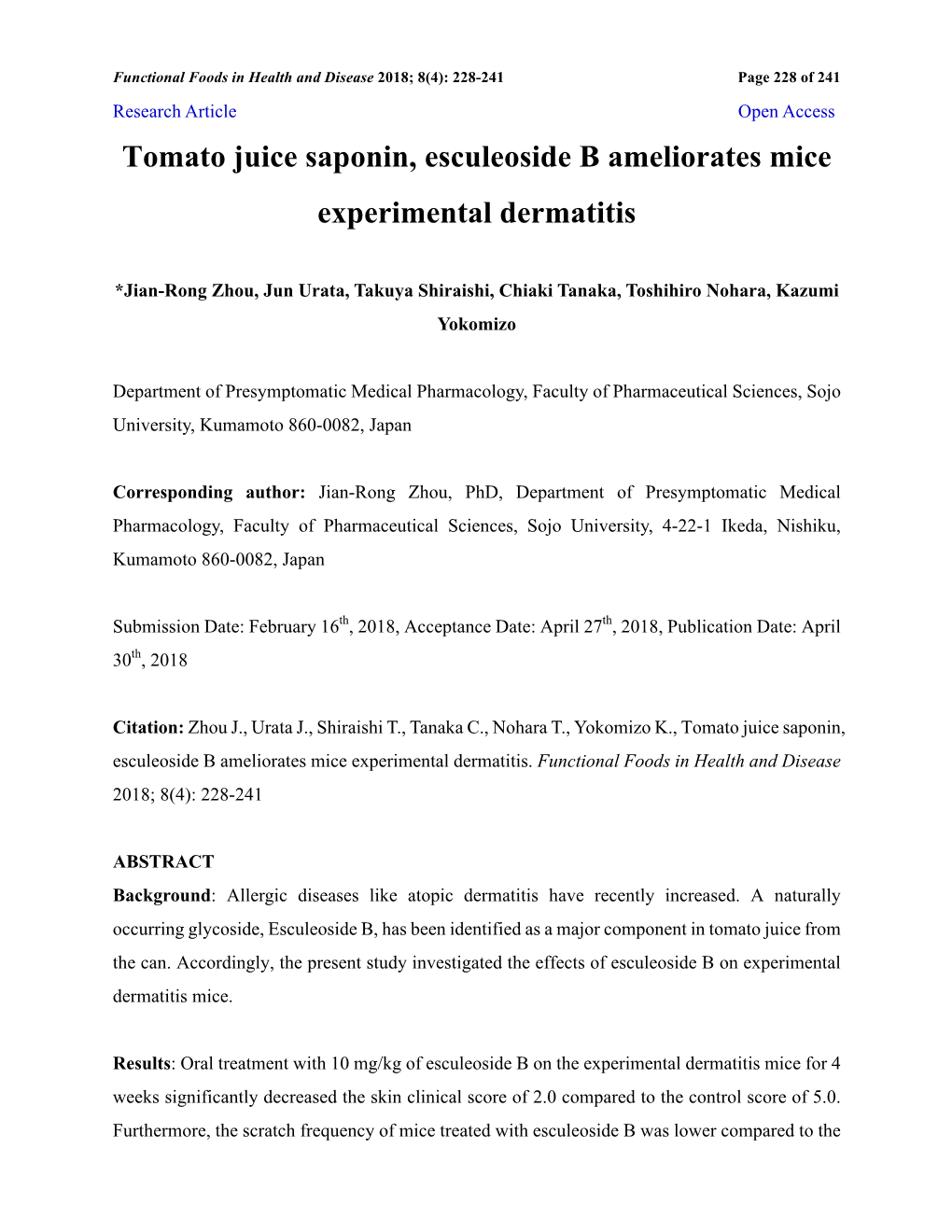 Tomato Juice Saponin, Esculeoside B Ameliorates Mice Experimental Dermatitis