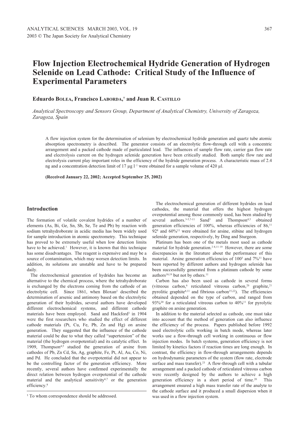 Flow Injection Electrochemical Hydride Generation of Hydrogen Selenide on Lead Cathode: Critical Study of the Influence of Experimental Parameters