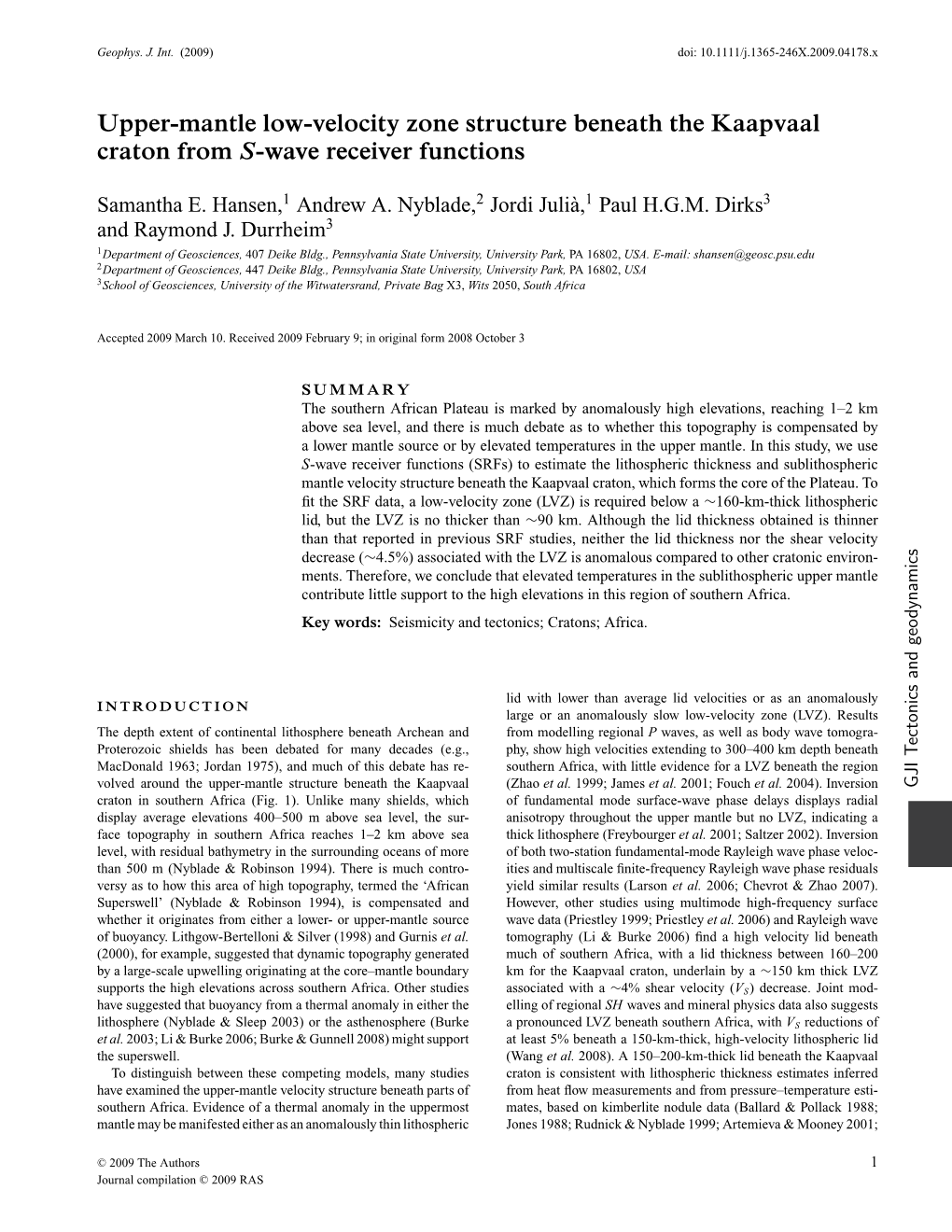 Upper-Mantle Low-Velocity Zone Structure Beneath the Kaapvaal Craton from S-Wave Receiver Functions