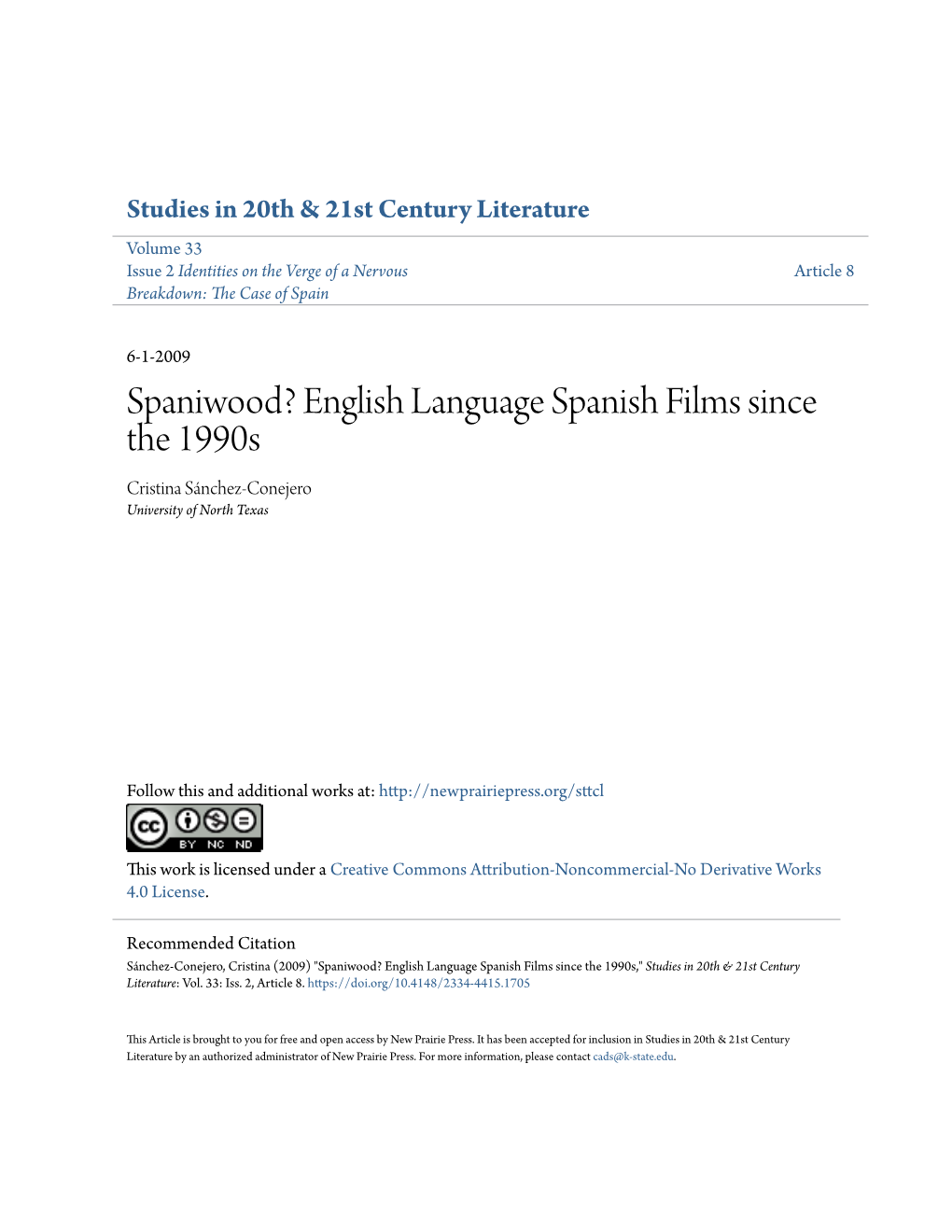 Spaniwood? English Language Spanish Films Since the 1990S Cristina Sánchez-Conejero University of North Texas