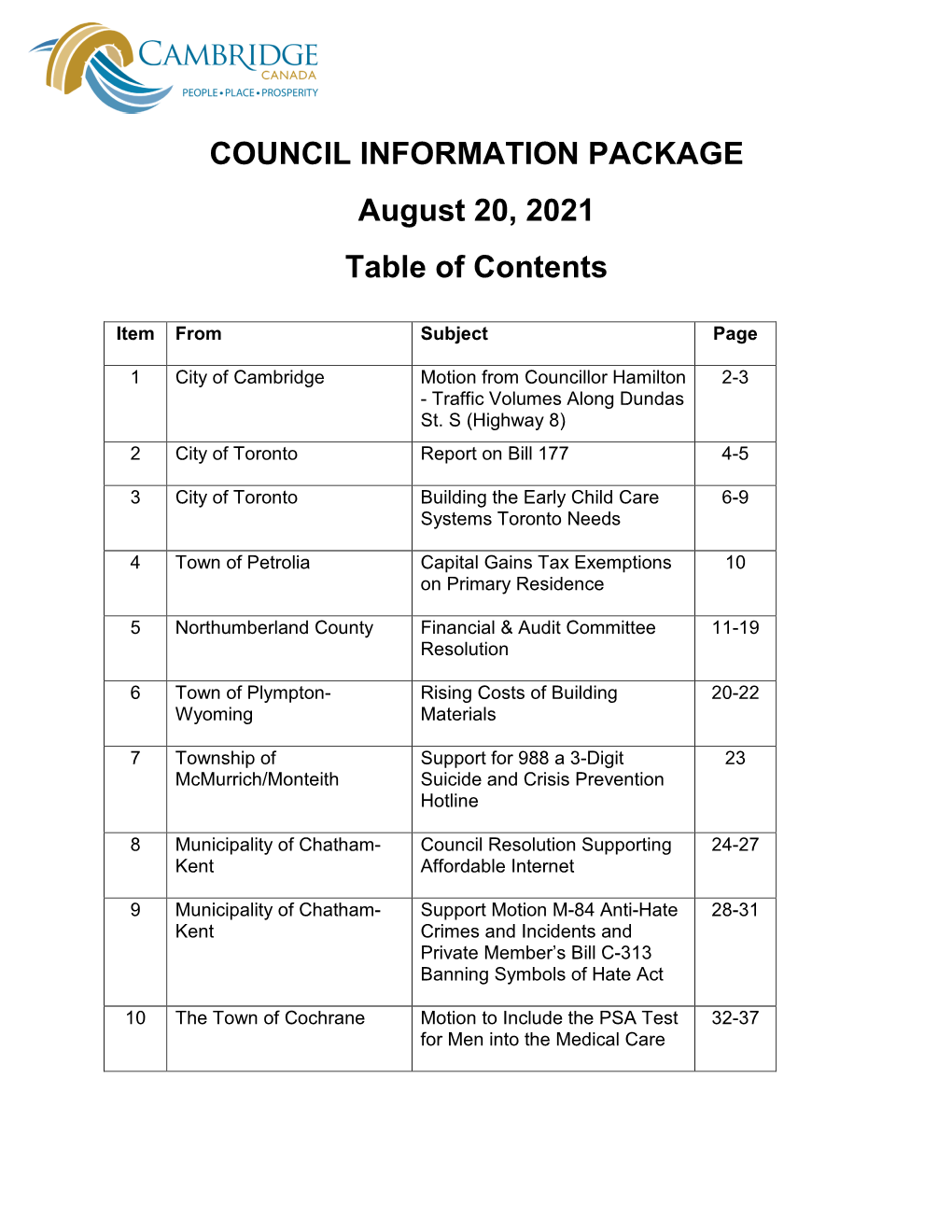 COUNCIL INFORMATION PACKAGE August 20, 2021 Table of Contents