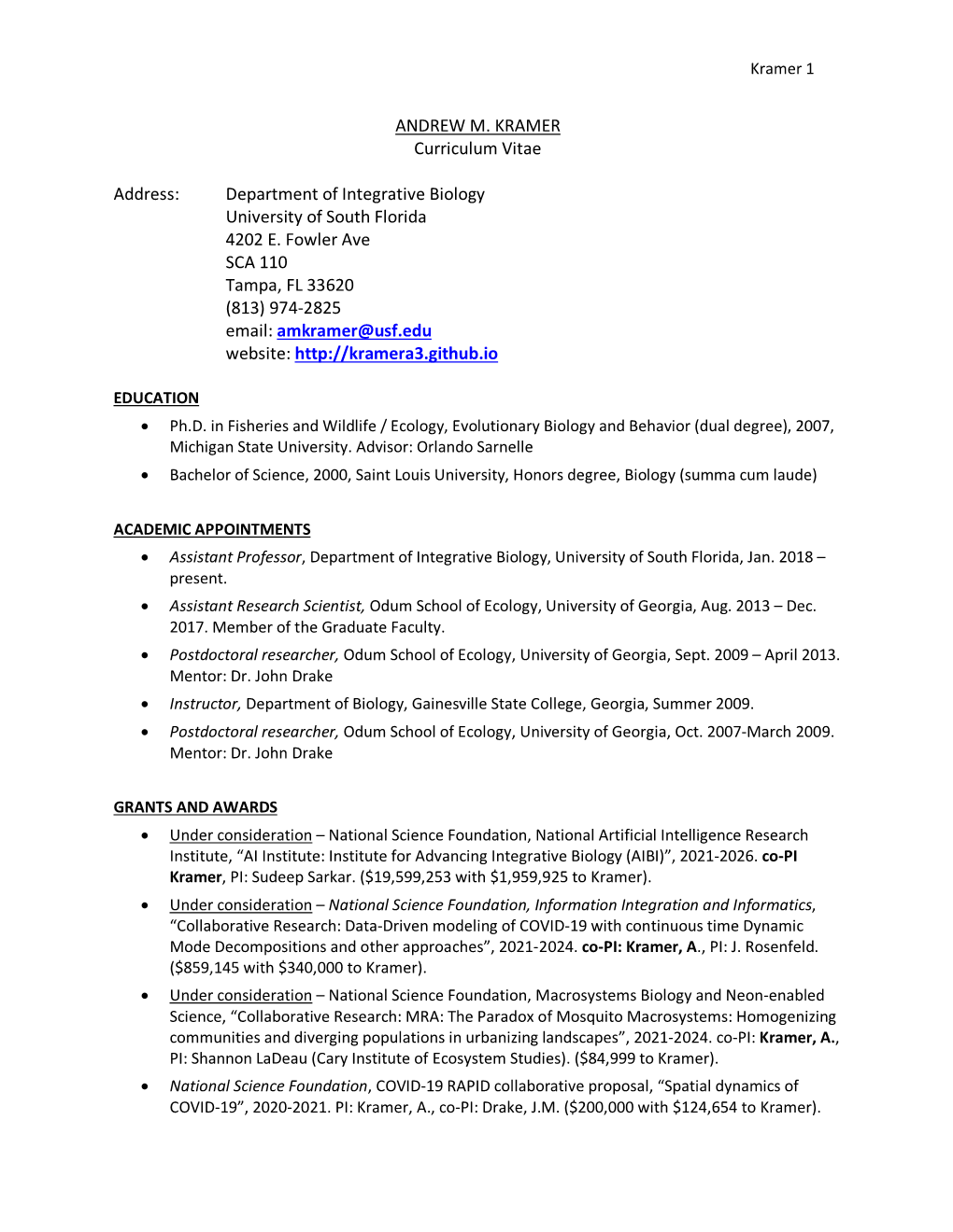 ANDREW M. KRAMER Curriculum Vitae Address