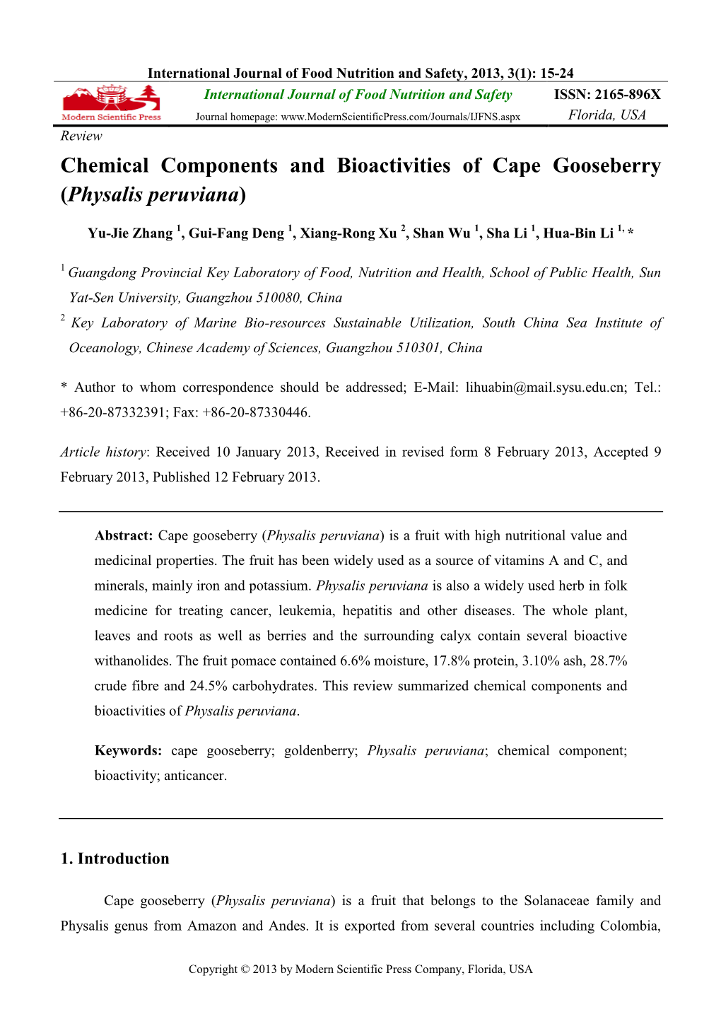 Chemical Components and Bioactivities of Cape Gooseberry (Physalis Peruviana)