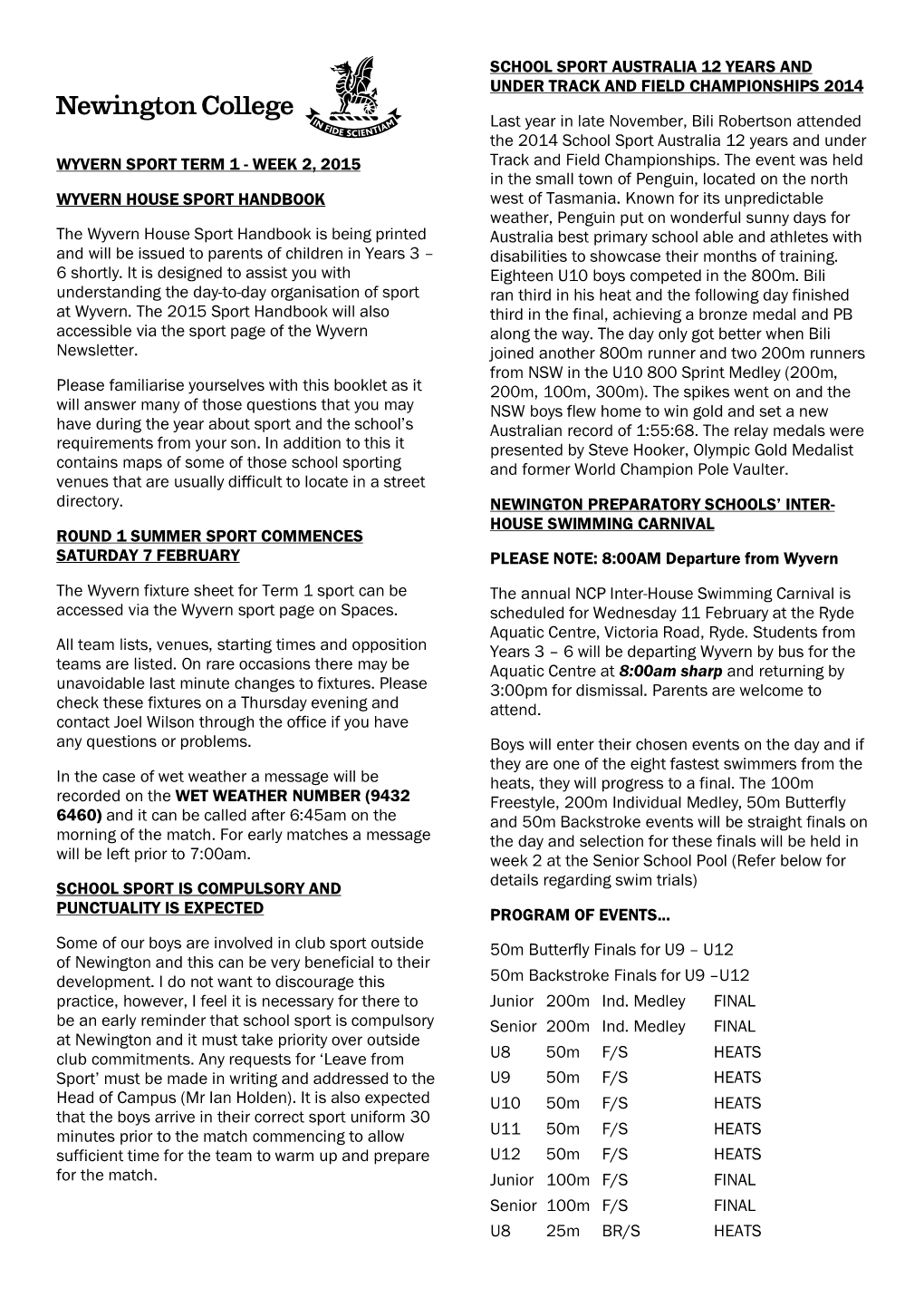 WYVERN SPORT TERM 1 - WEEK 2, 2015 Track and Field Championships