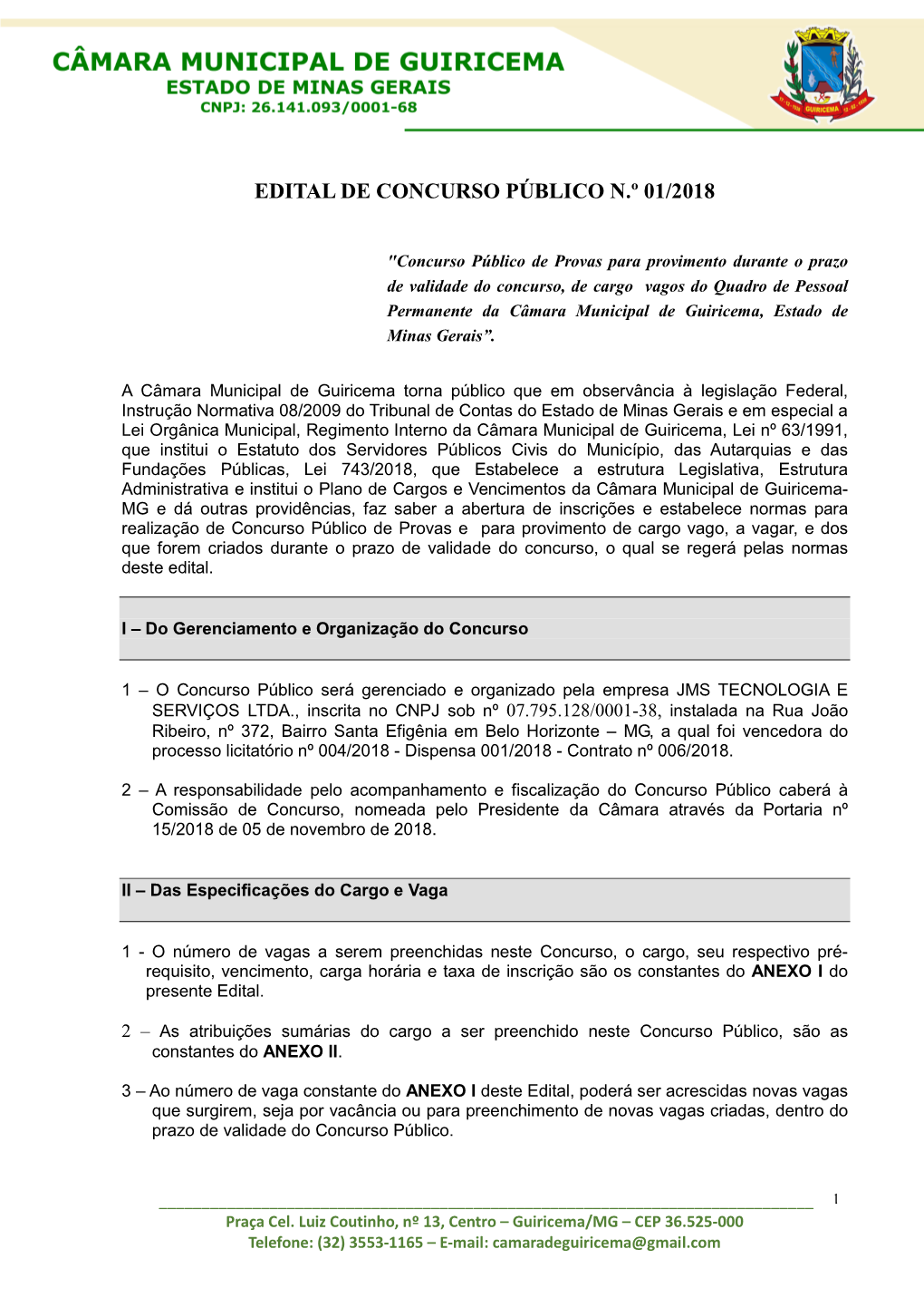 Edital De Concurso Público N.º 01/2018