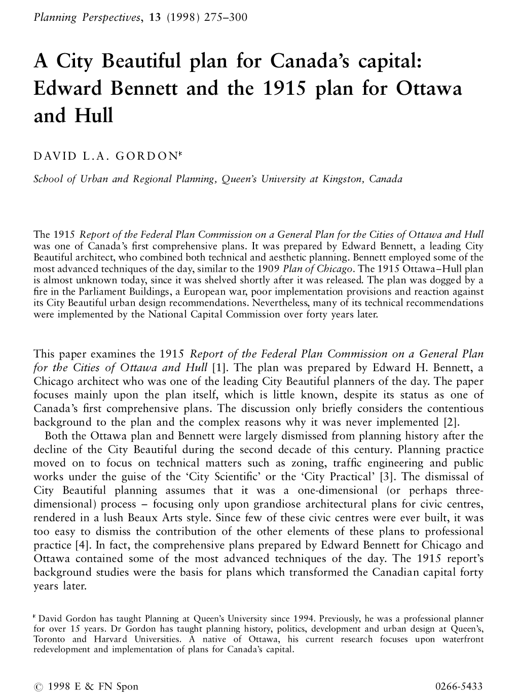 Edward Bennett and the 1915 Plan for Ottawa and Hull