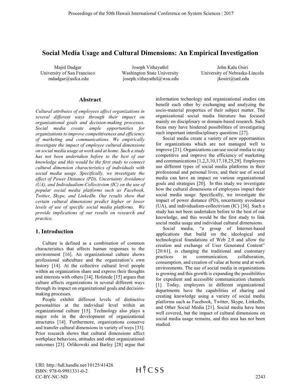 Social Media Usage and Cultural Dimensions: an Empirical Investigation