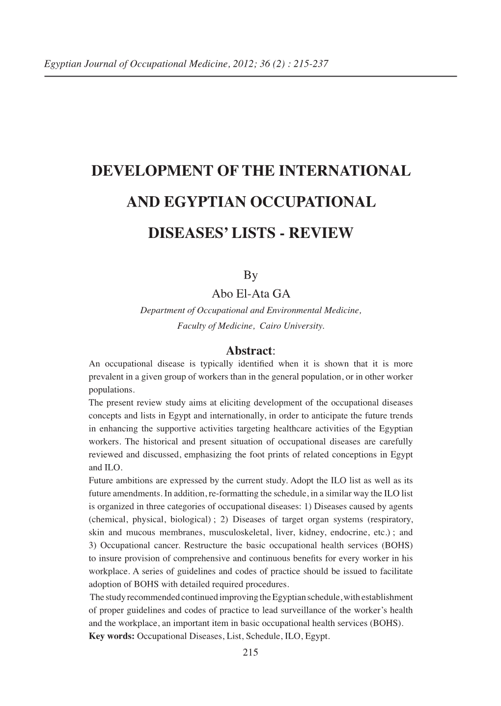 Development of the International and Egyptian Occupational Diseases’ Lists - Review