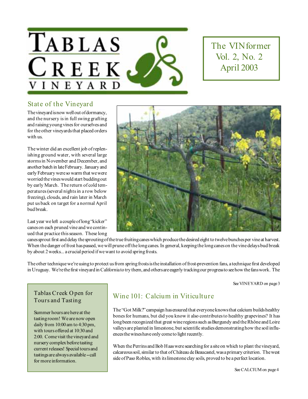 Tablas Creek Vineyard Newsletter for April 2003