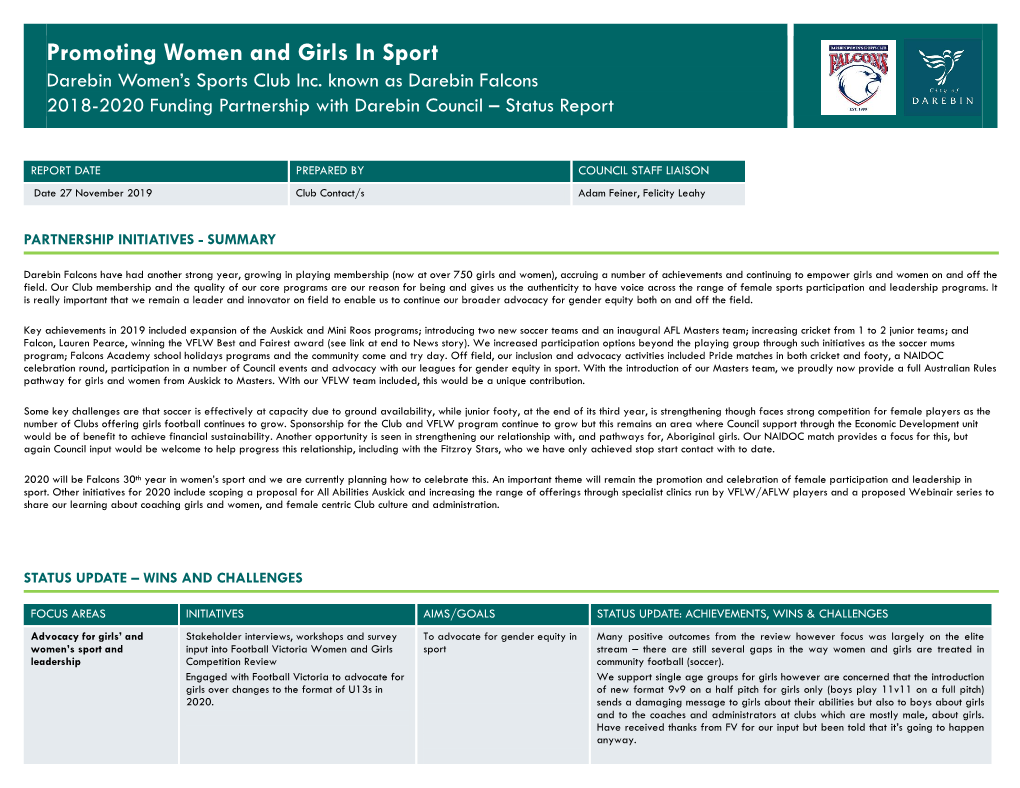 Promoting Women and Girls in Sport Partnership Agreement Outcomes