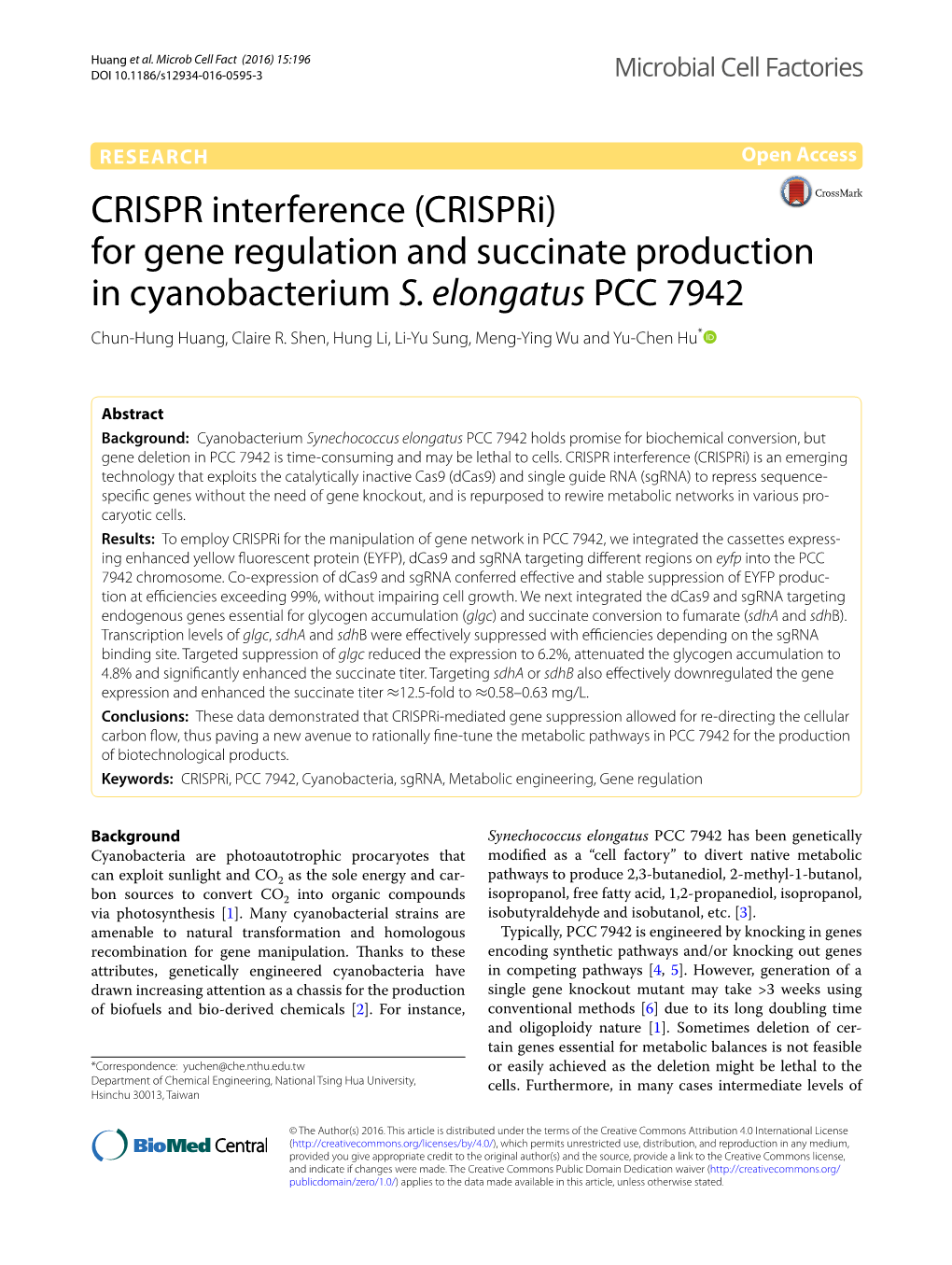 CRISPR Interference (Crispri) for Gene Regulation and Succinate Production in Cyanobacterium S