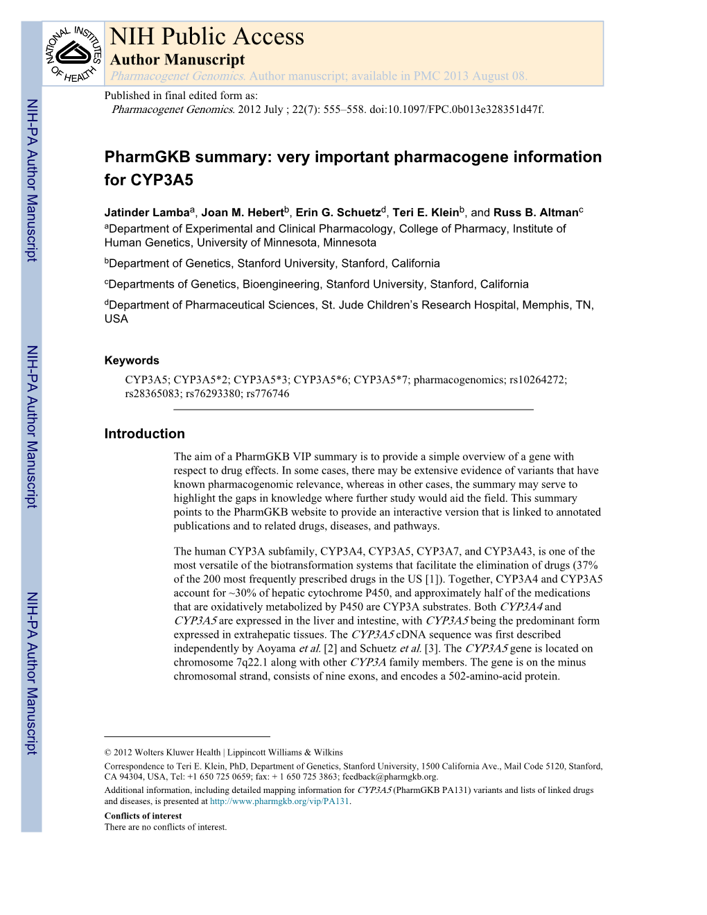 NIH Public Access Author Manuscript Pharmacogenet Genomics