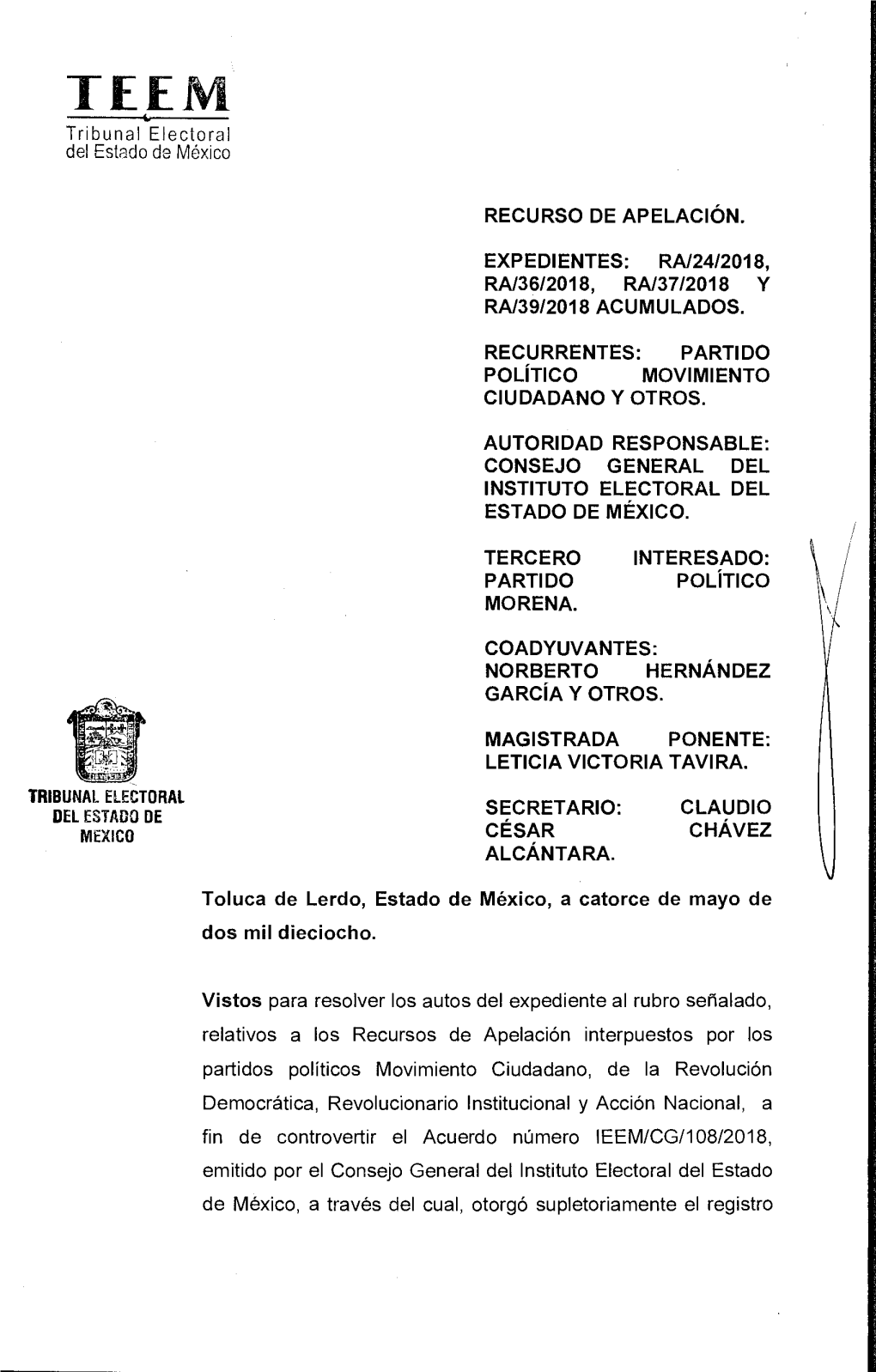 RA/24/2018 Y ACUMULADOS Tribunal Electoral Del Estado De México