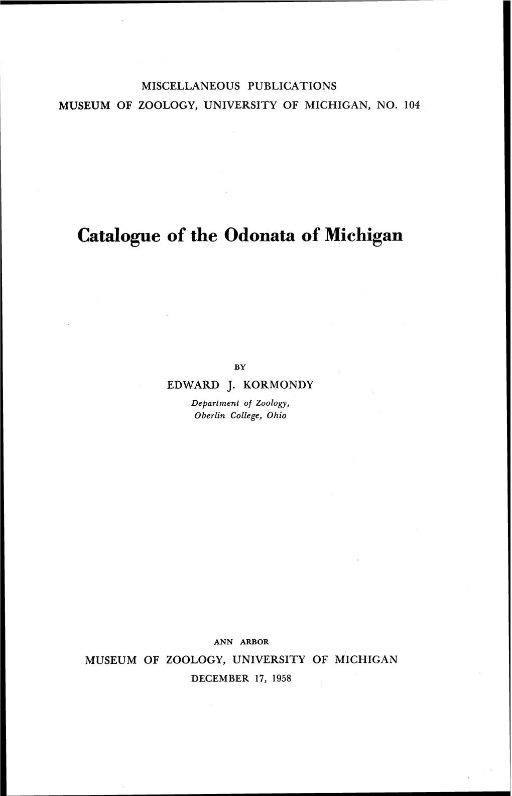 Catalogue of the Odonata of Michigan