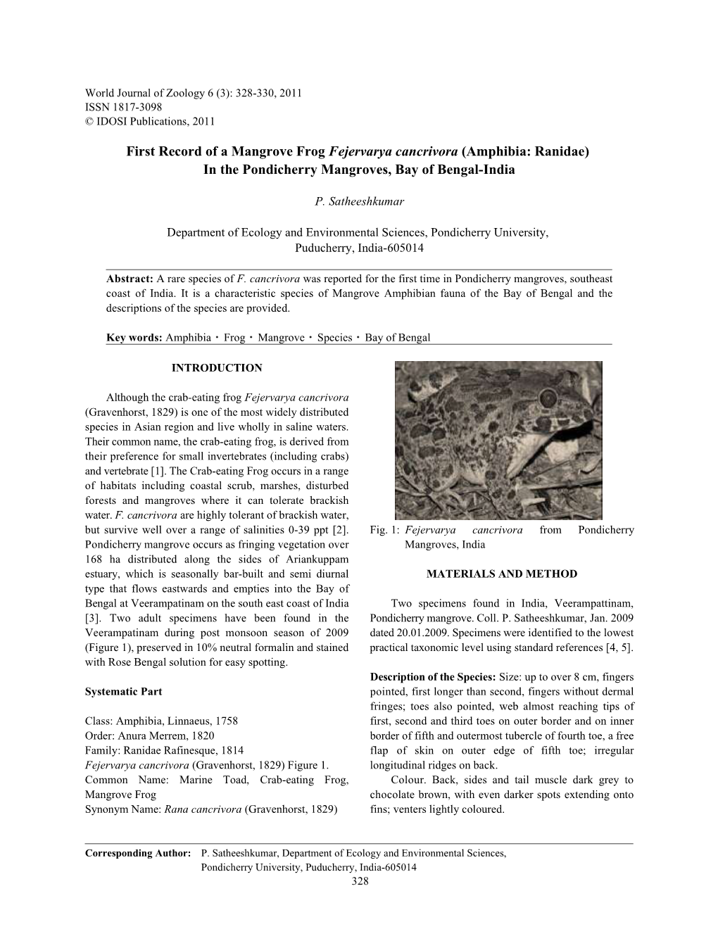 First Record of a Mangrove Frog Fejervarya Cancrivora (Amphibia: Ranidae) in the Pondicherry Mangroves, Bay of Bengal-India