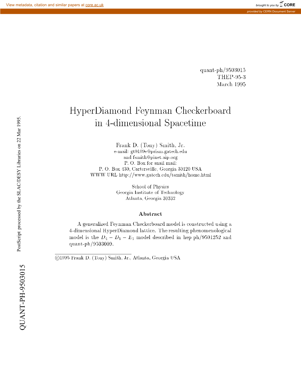 Hyperdiamond Feynman Checkerboard in 4-Dimensional Spacetime