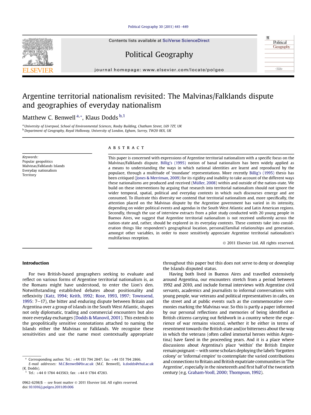 Argentine Territorial Nationalism Revisited: the Malvinas/Falklands Dispute and Geographies of Everyday Nationalism