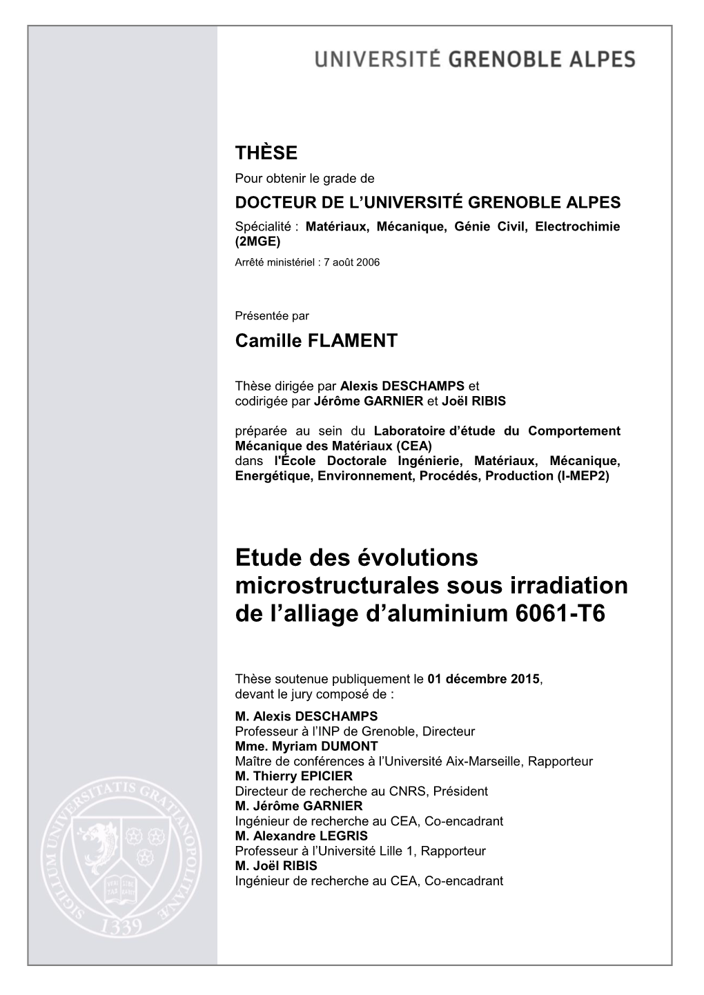 Etude Des Évolutions Microstructurales Sous Irradiation De L’Alliage D’Aluminium 6061-T6