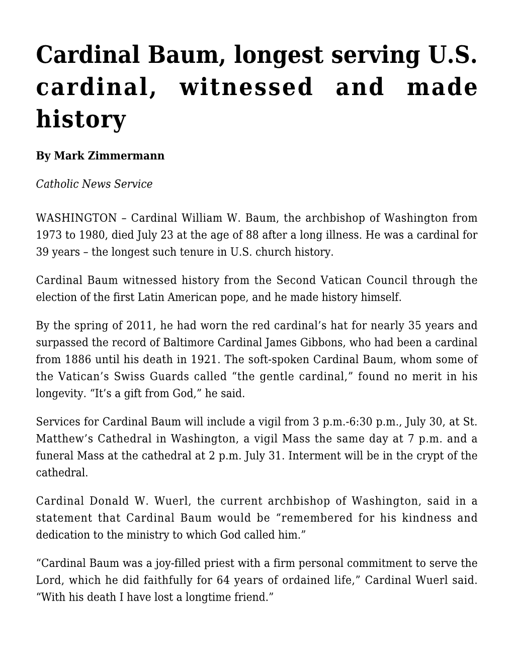 Cardinal Baum, Longest Serving U.S. Cardinal, Witnessed and Made History