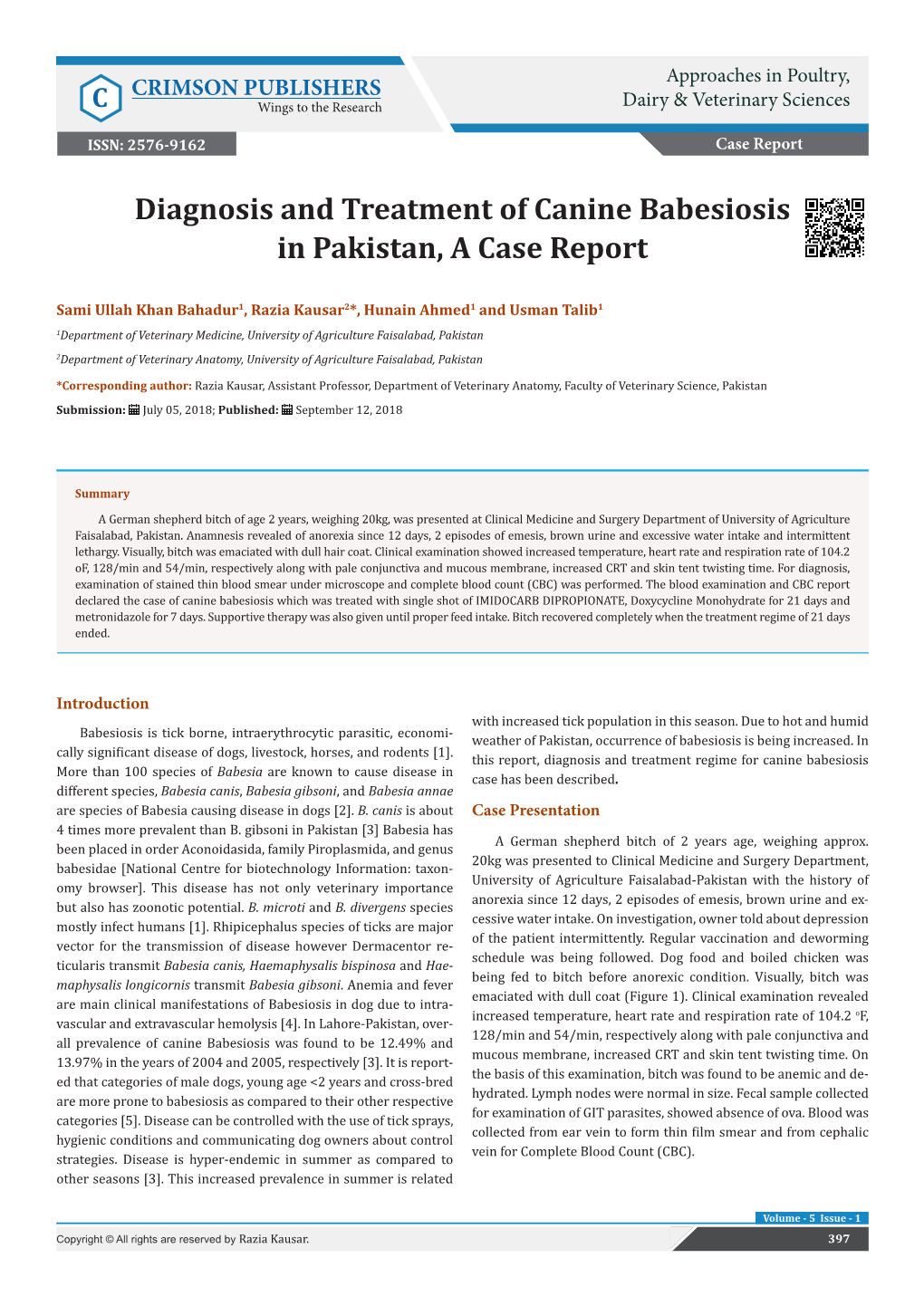 Diagnosis and Treatment of Canine Babesiosis in Pakistan, a Case Report