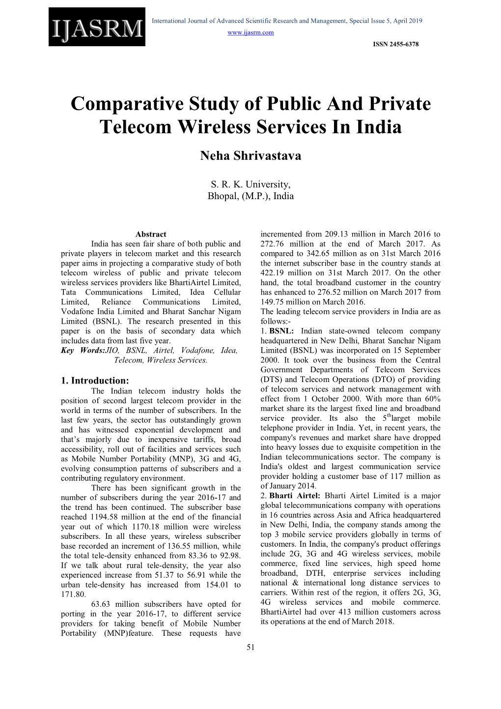 Comparative Study of Public and Private Telecom Wireless Services in India