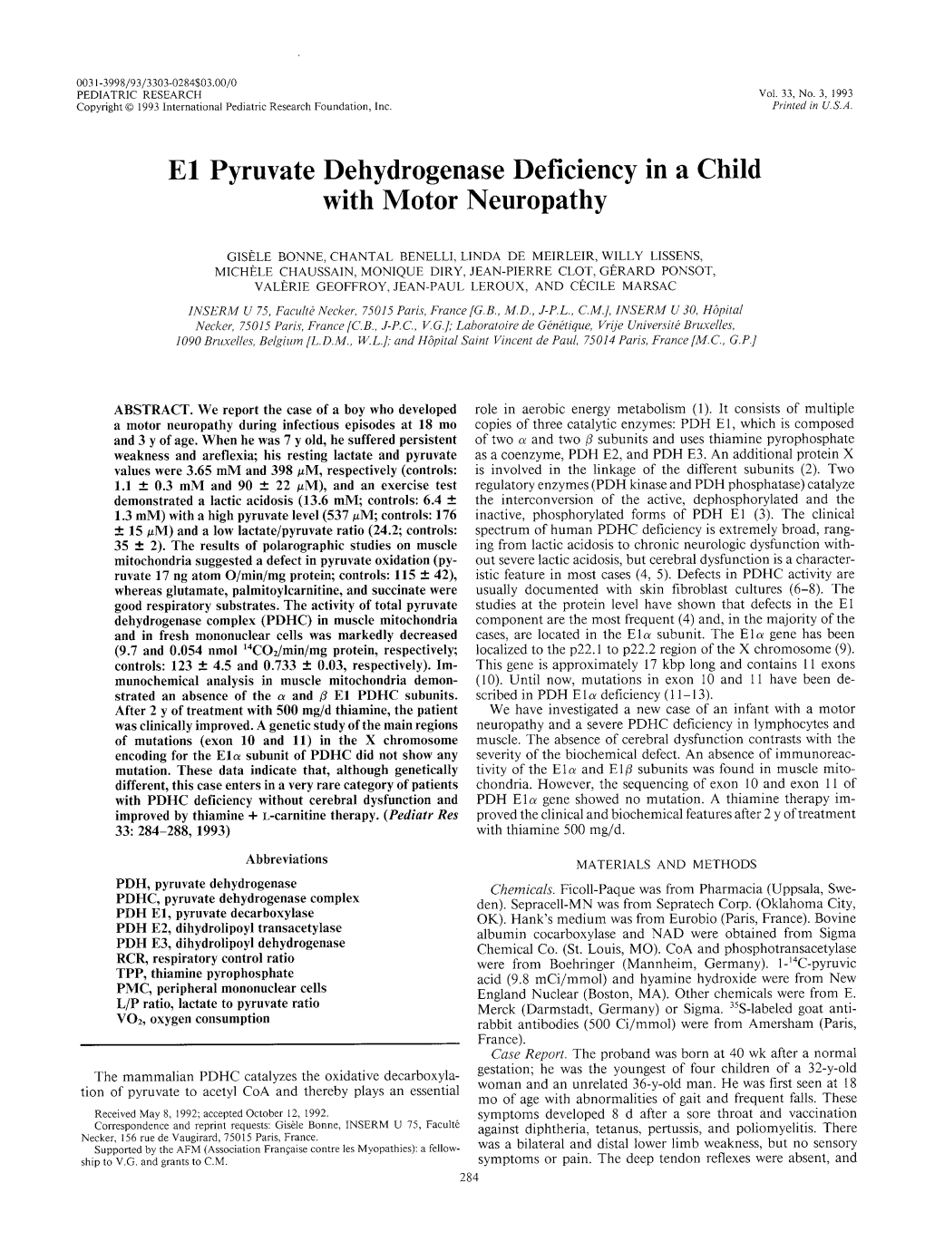 Pyruvate Dehydrogenase Deficiency in a Child with Motor Neuropathy