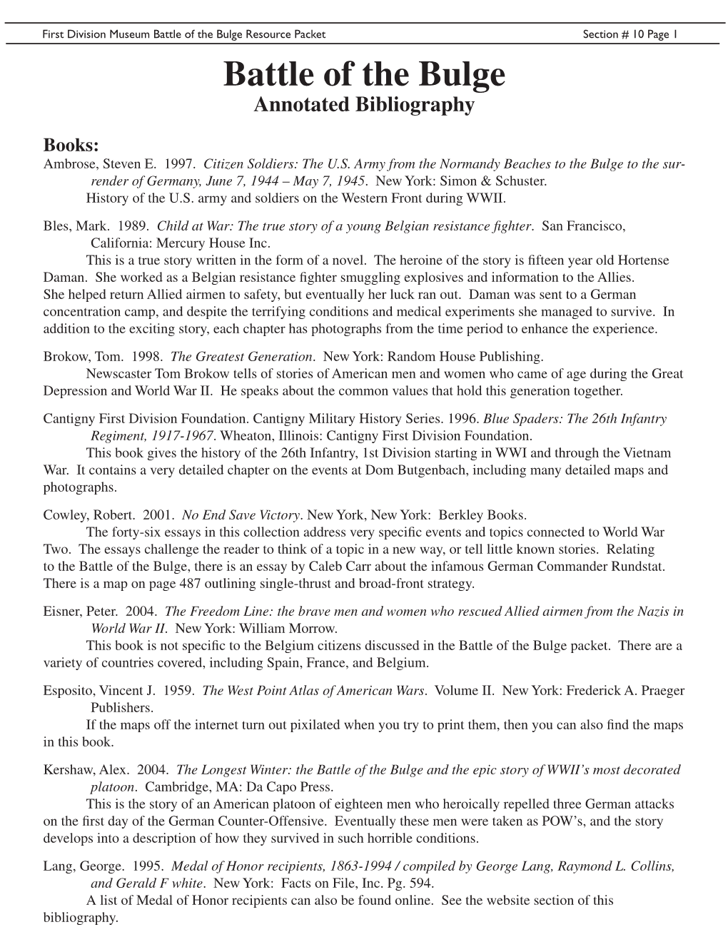 Battle of the Bulge Resource Packet Section # 10 Page 1 Battle of the Bulge Annotated Bibliography