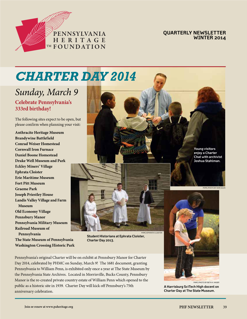 CHARTER DAY 2014 Sunday, March 9 Celebrate Pennsylvania’S 333Rd Birthday!