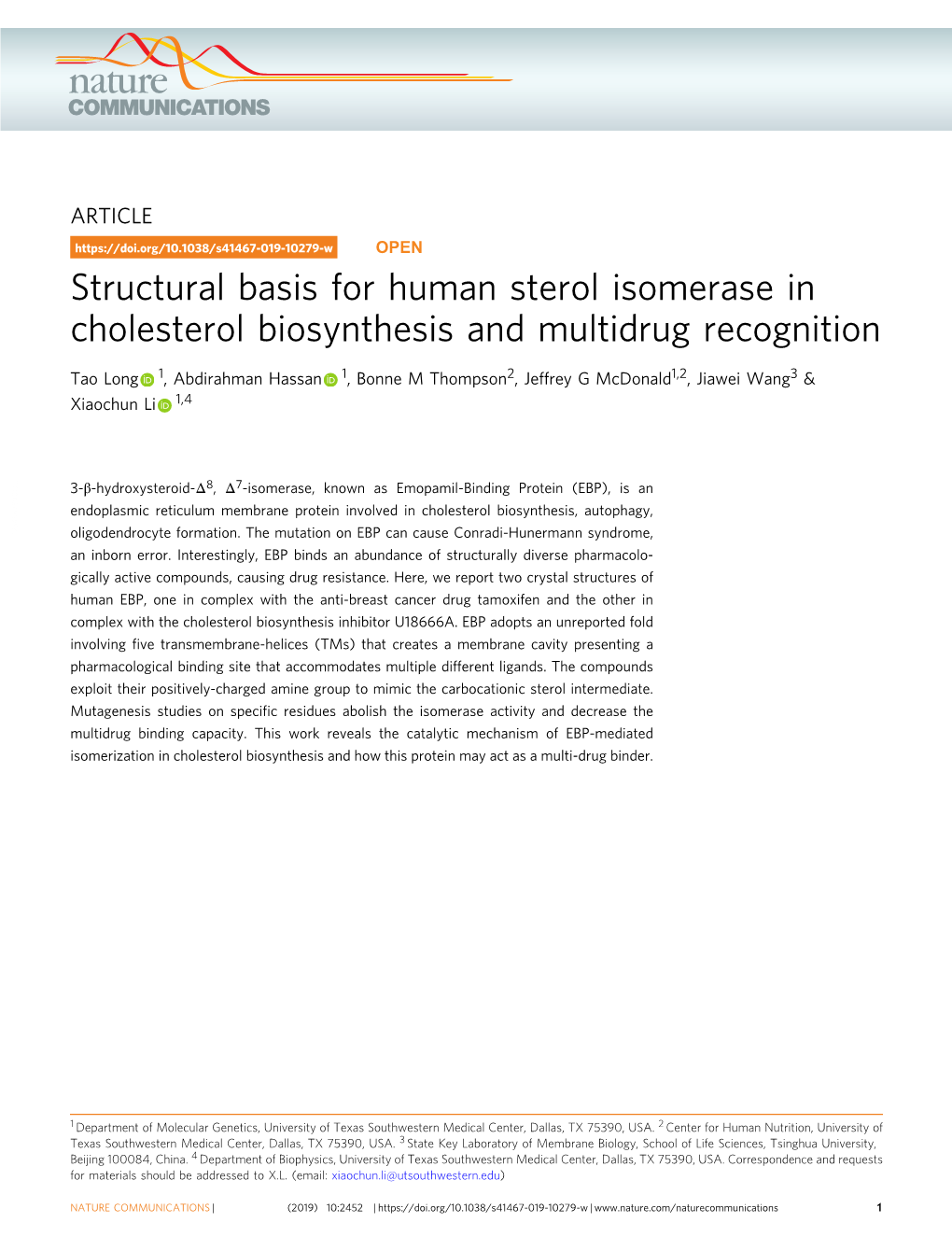 Structural Basis for Human Sterol Isomerase in Cholesterol Biosynthesis and Multidrug Recognition