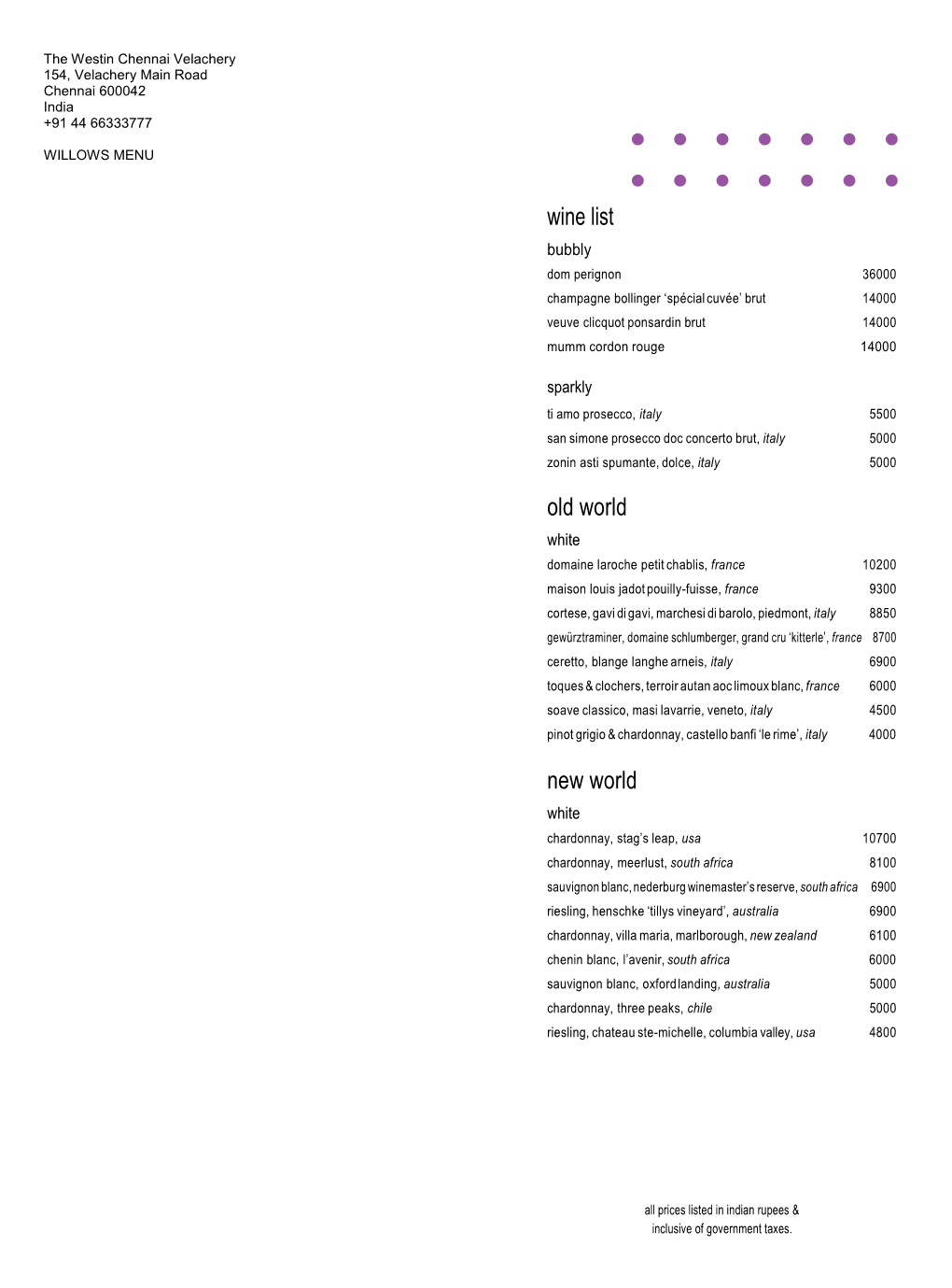 Willows Menu