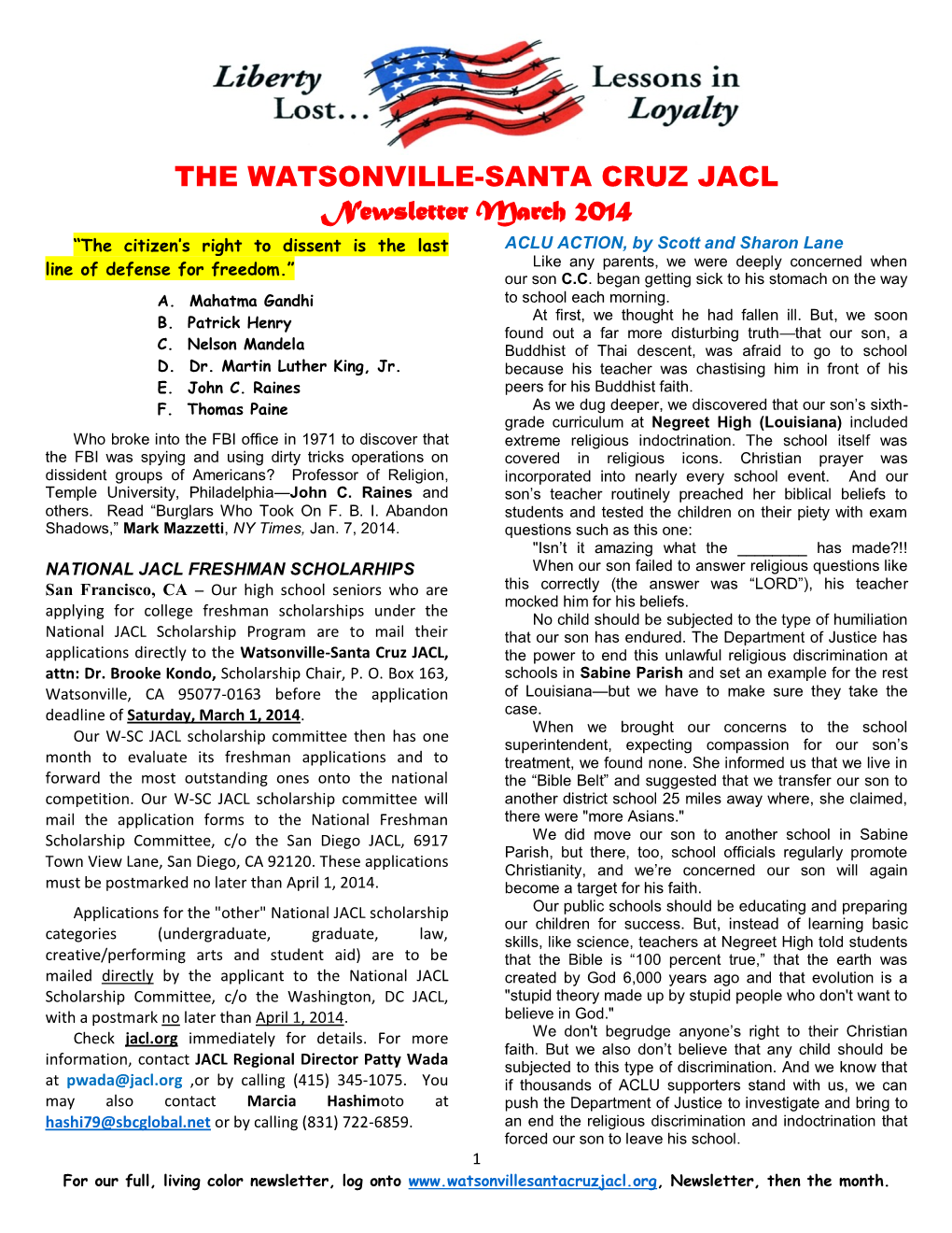 THE WATSONVILLE-SANTA CRUZ JACL Newsletter March 2014