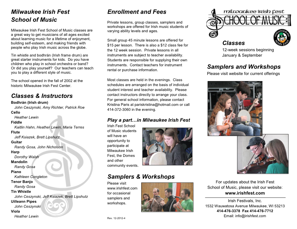 Milwaukee Irish Fest School of Music Classes & Instructors Enrollment