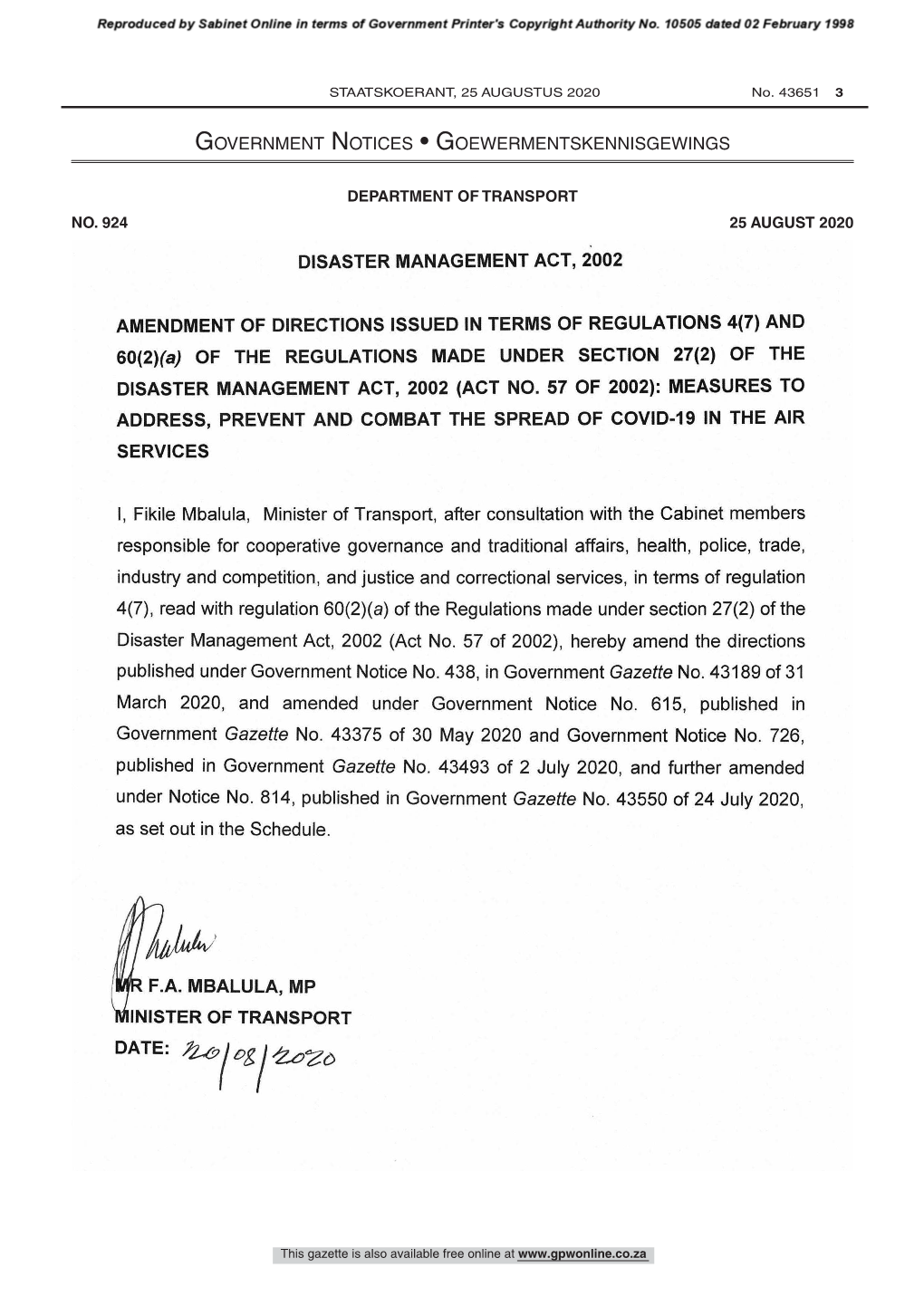 Disaster Management Act (57/2002): Amendment of Air Services Directions 43651 DISASTER MANAGEMENT ACT, 2002