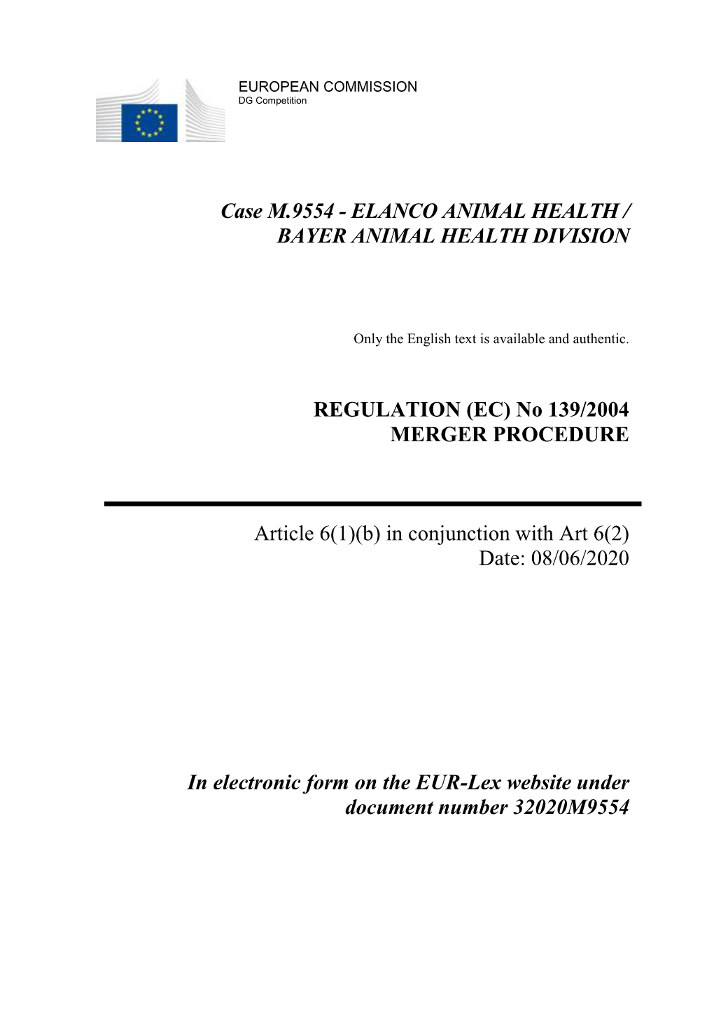 Case M.9554 - ELANCO ANIMAL HEALTH / BAYER ANIMAL HEALTH DIVISION