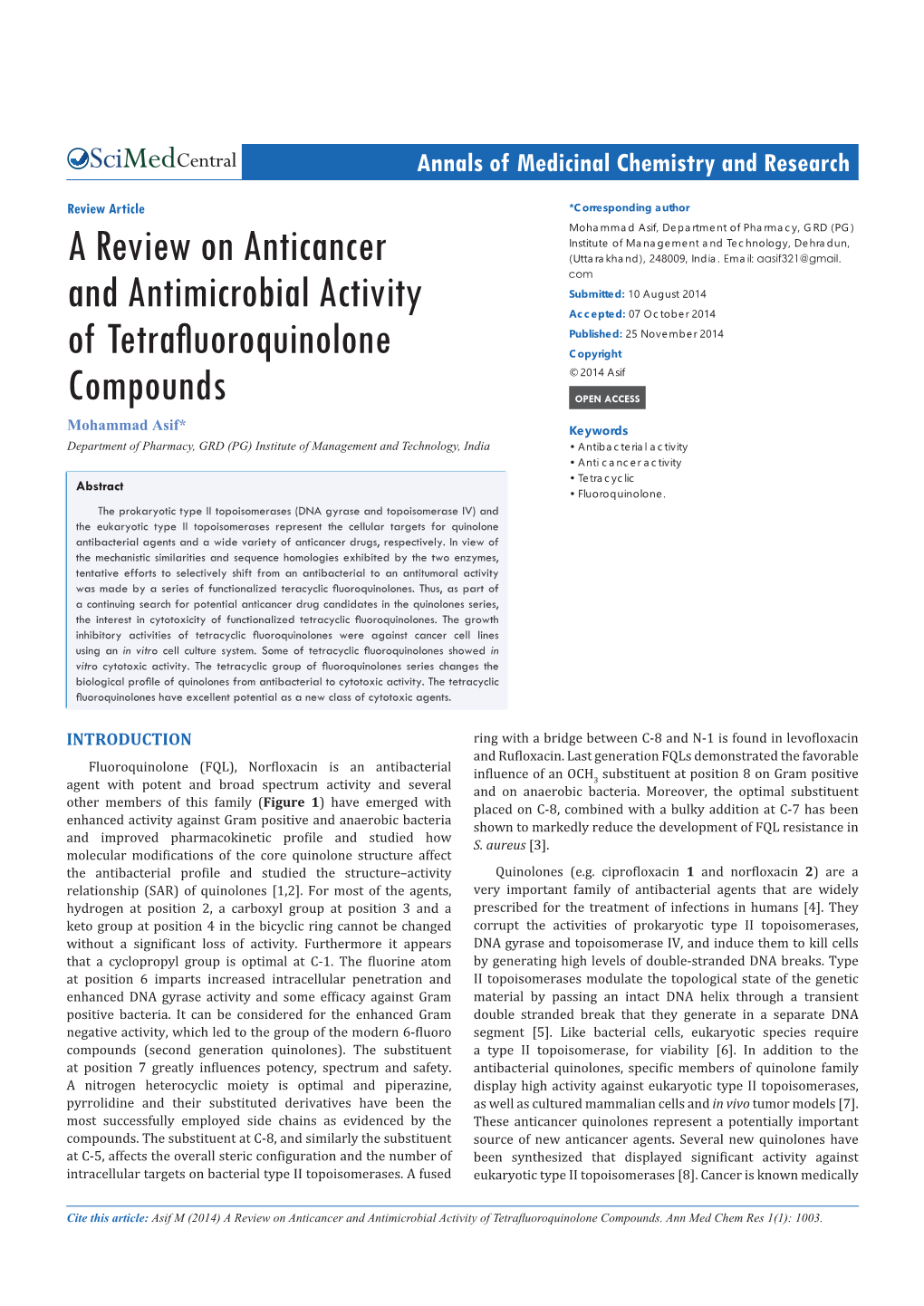 A Review on Anticancer and Antimicrobial Activity of Tetrafluoroquinolone Compounds