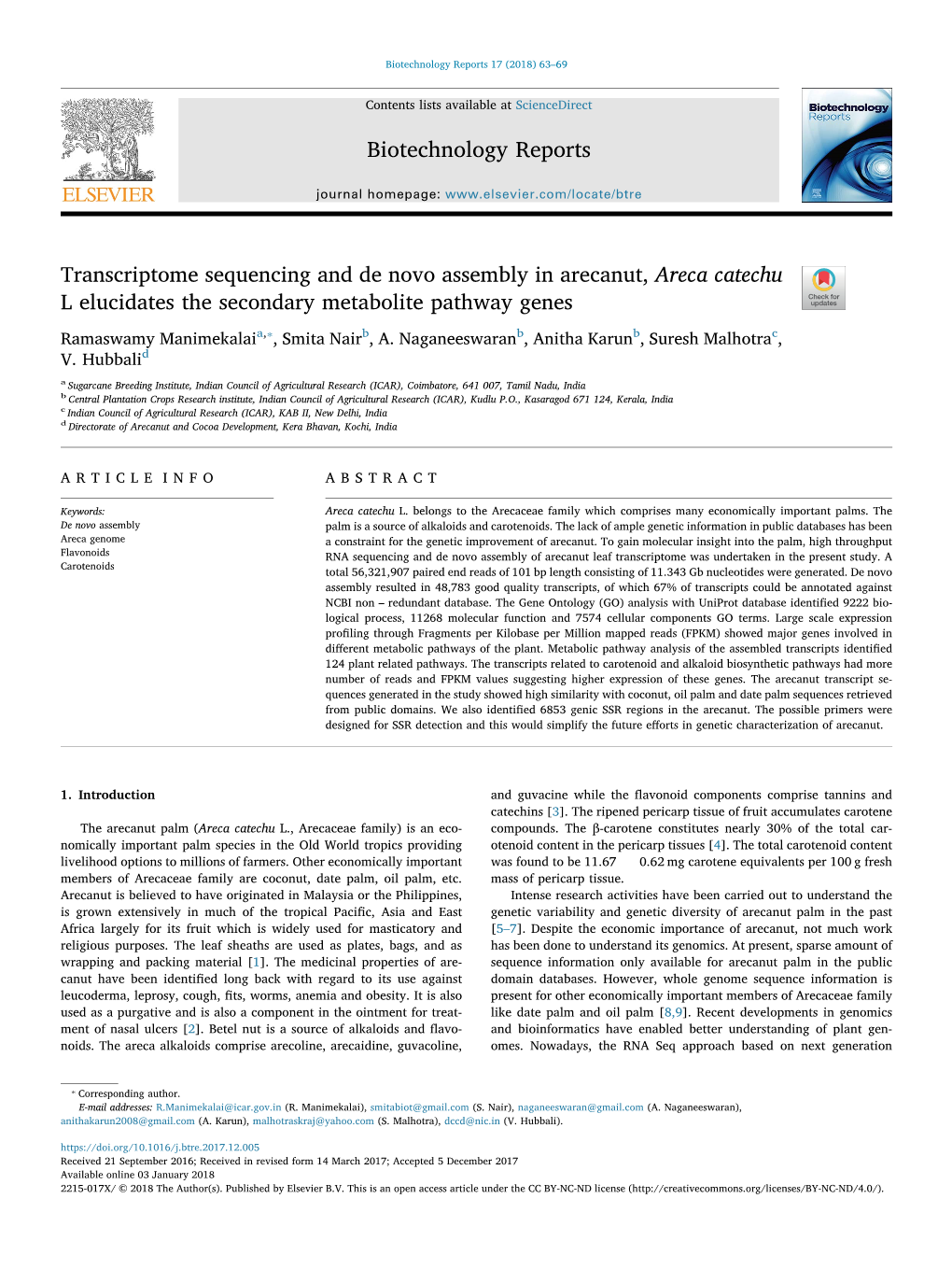 Transcriptome Sequencing and De Novo Assembly in Arecanut, Areca