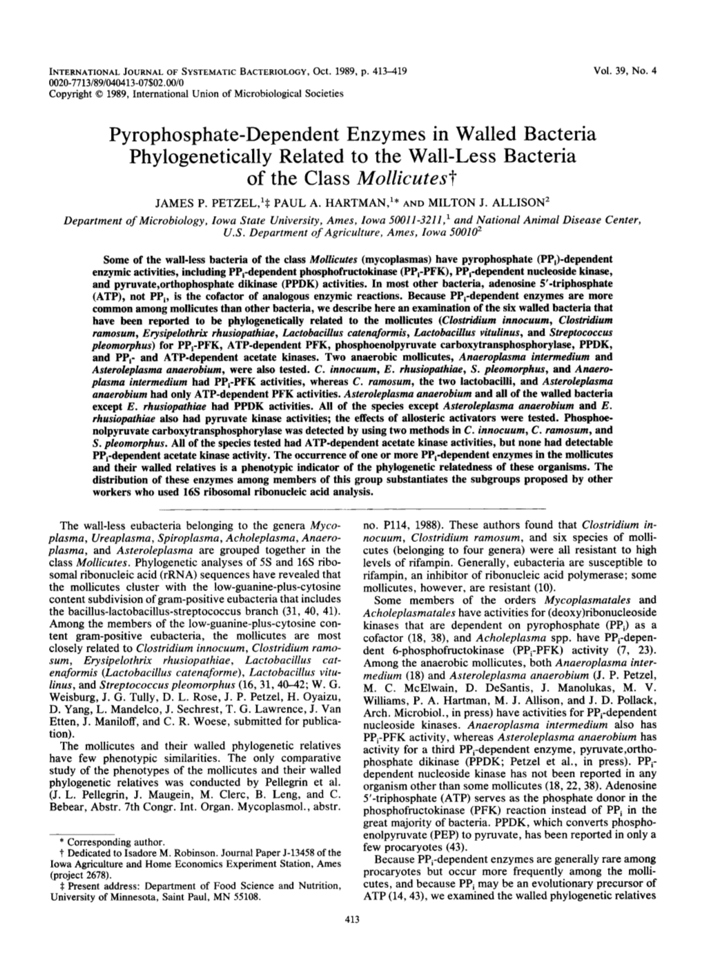 Pyrophosphate-Dependent Enzymes in Walled Bacteria Phylogenetically Related to the Wall-Less Bacteria of the Class Mollicutes?