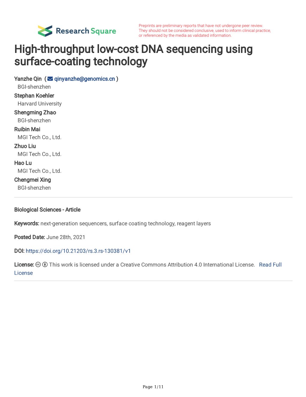 High-Throughput Low-Cost DNA Sequencing Using Surface-Coating Technology