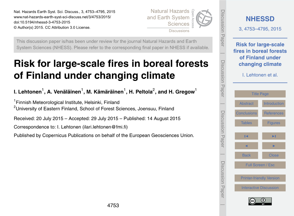 Risk for Large-Scale Fires in Boreal Forests of Finland Under Changing