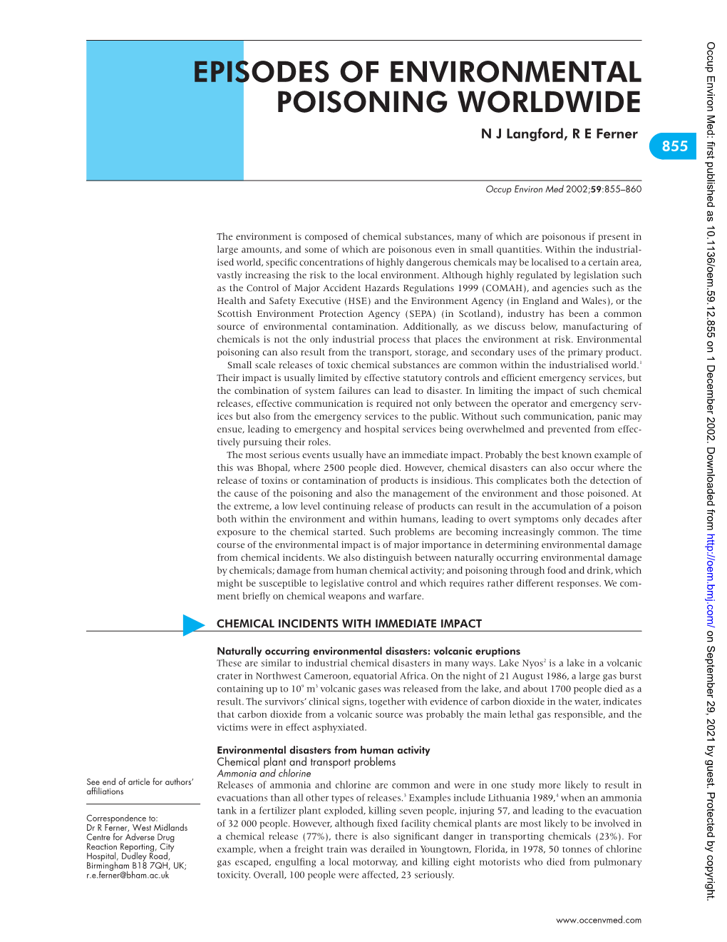 EPISODES of ENVIRONMENTAL POISONING WORLDWIDE N J Langford, R E Ferner *855