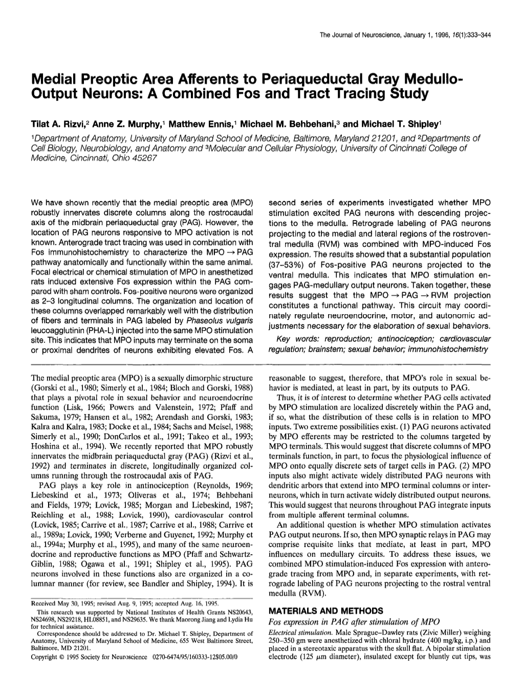 Medial Preoptic Area Afferents to Periaqueductal Gray Medullo- Output Neurons: a Combined Fos and Tract Tracing Study