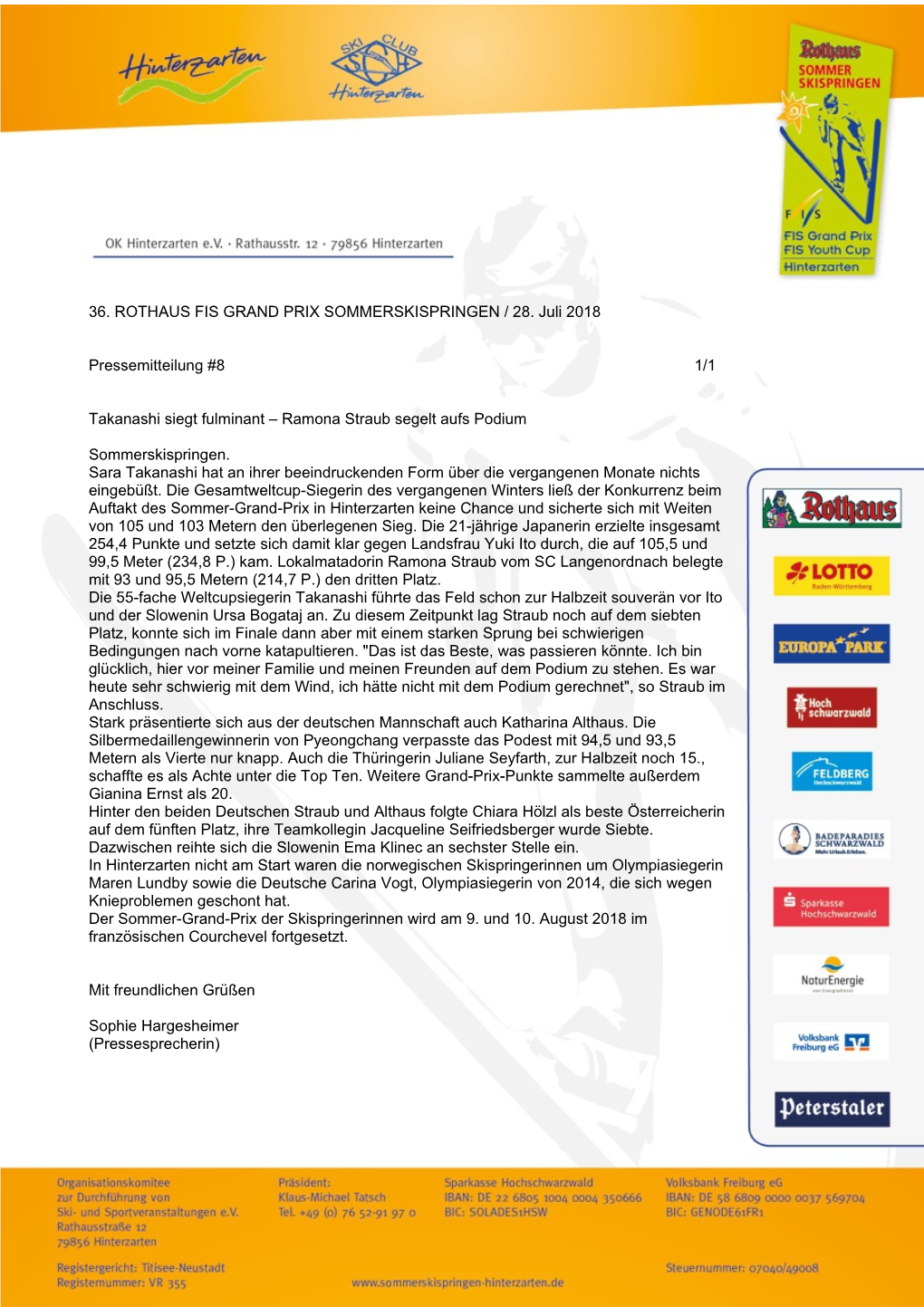 36. ROTHAUS FIS GRAND PRIX SOMMERSKISPRINGEN / 28. Juli 2018 Pressemitteilung #8 1/1 Takanashi Siegt Fulminant – Ramona Stra