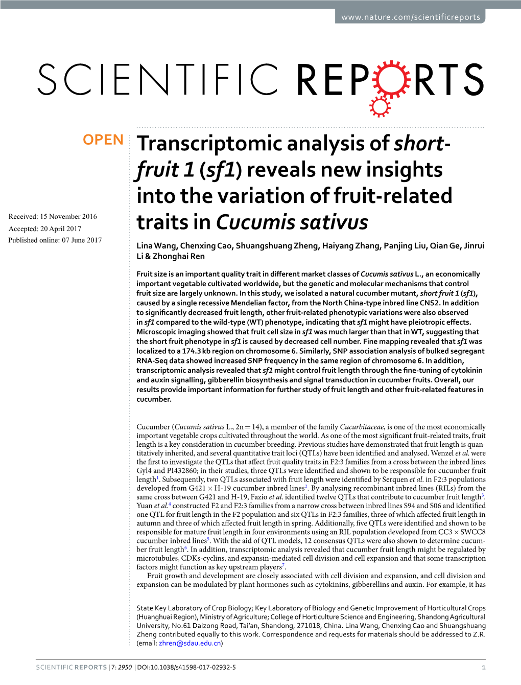 Transcriptomic Analysis of Short-Fruit 1 (Sf1)