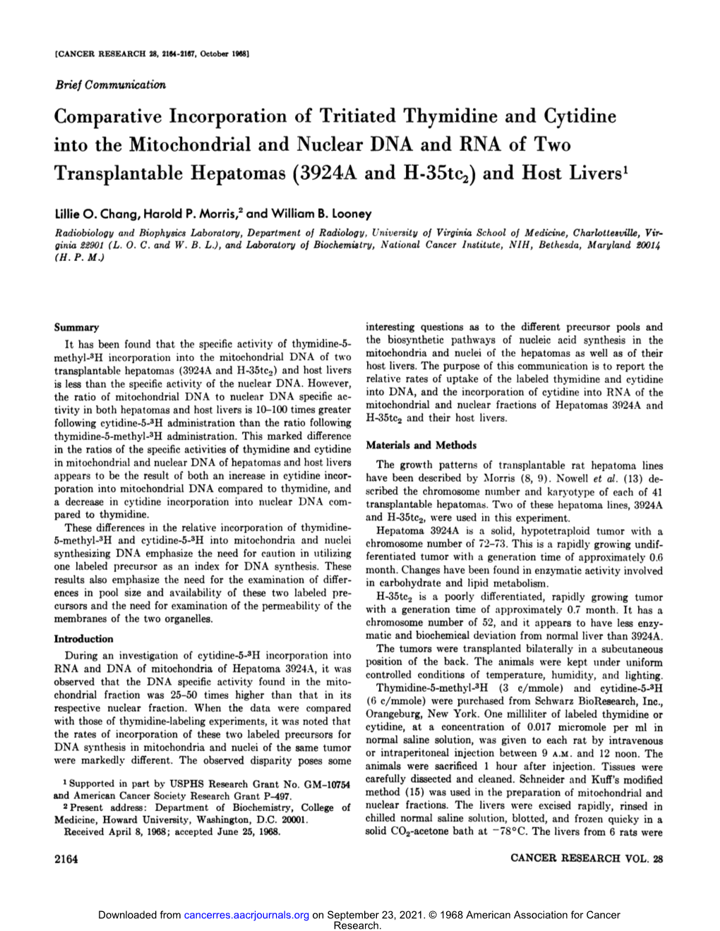 Into the Mitochondrial and Nuclear DNA and RNA of Two Transplantable Hepatomas (3924A and H-35Tc2) and Host Livers'