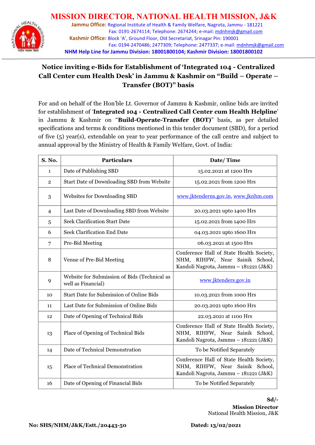 Establishment of Integrated 104 Centralized Call Center Cum Health Desk in Jammu and Kashmir on Build